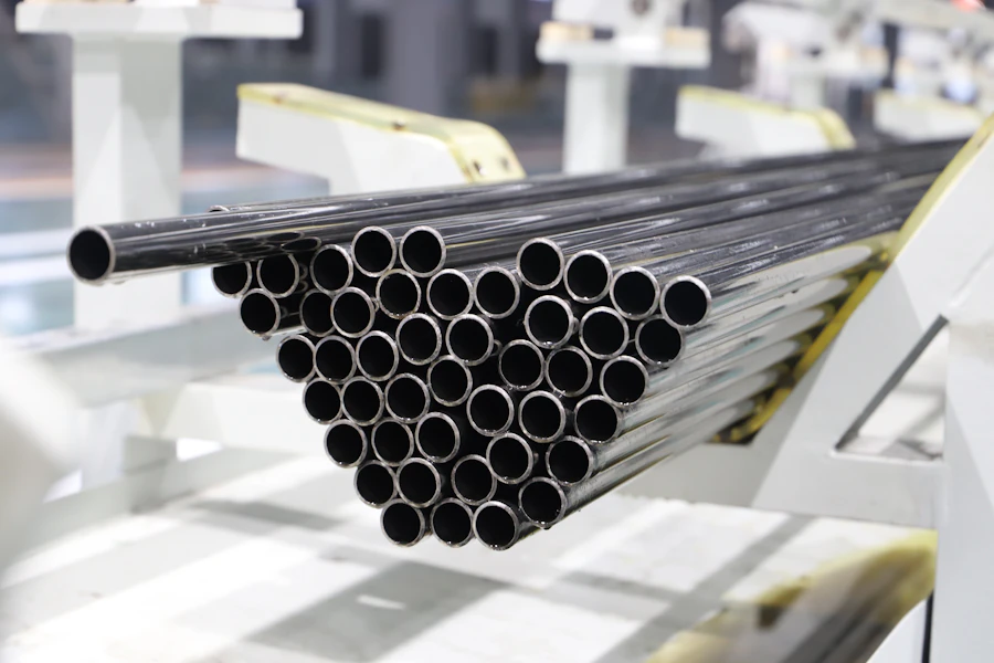 Bundle of stainless steel tubes on a factory line