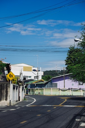 Residential street lined with homes and a school crossing sign marking a neighborhood school zone