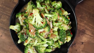 Stir-fried broccoli with chili flakes and garlic.