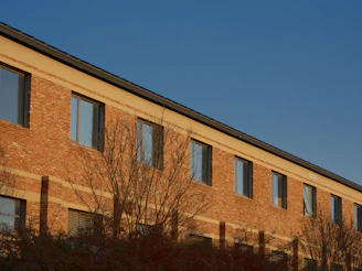 Brick building with windows against a clear blue sky.