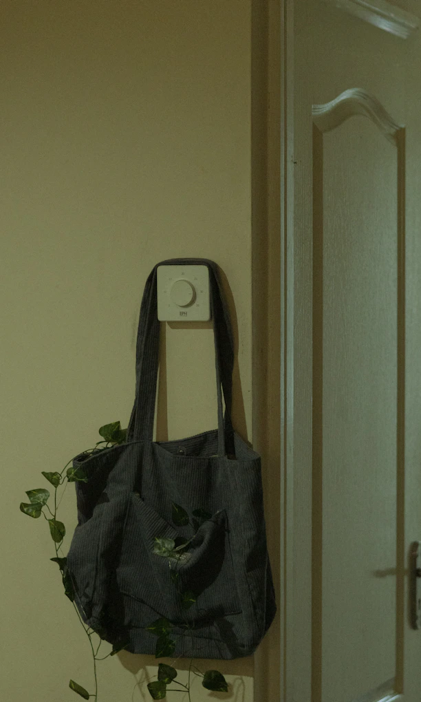 A tote bag hangs on the wall with plants.