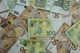 Scattered euro banknotes of 50 and 100 denominations.