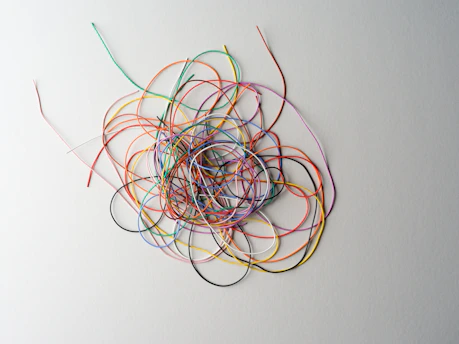 A tangled mess of colorful thin wires.