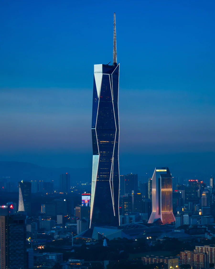 Downtown convention hotel skyscraper at dusk