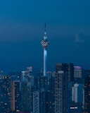 Skyscraper illuminated against a dark blue night sky.