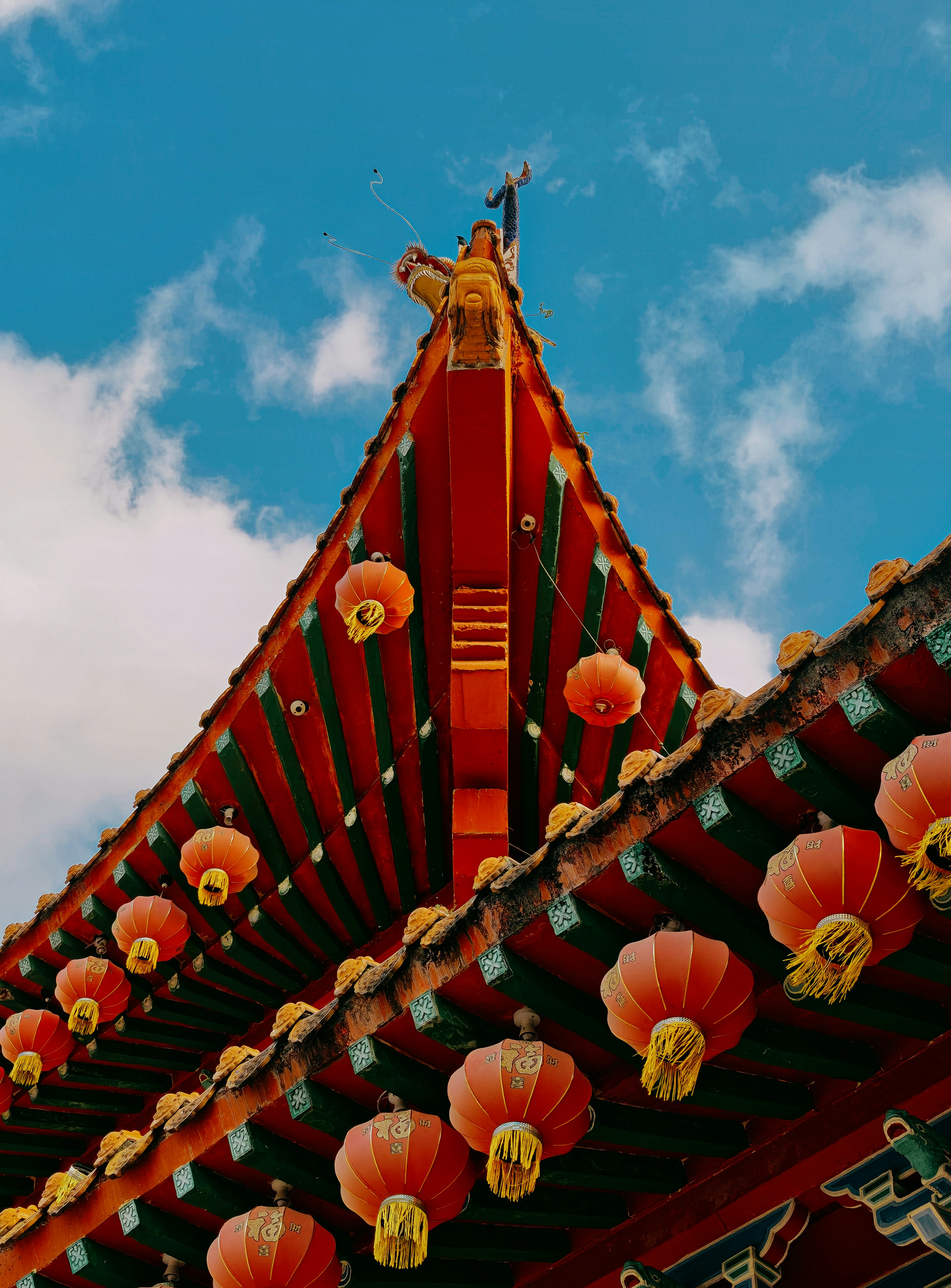 Traditional chinese temple roof with red lanterns