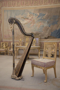 Ornate harp and gilded chair in a grand room
