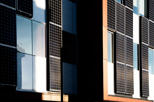 Modern building facade with integrated solar panels