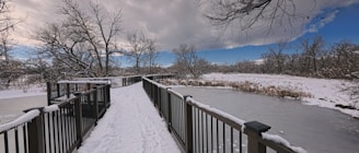 Snow covered boardwalk next to frozen pond in winter