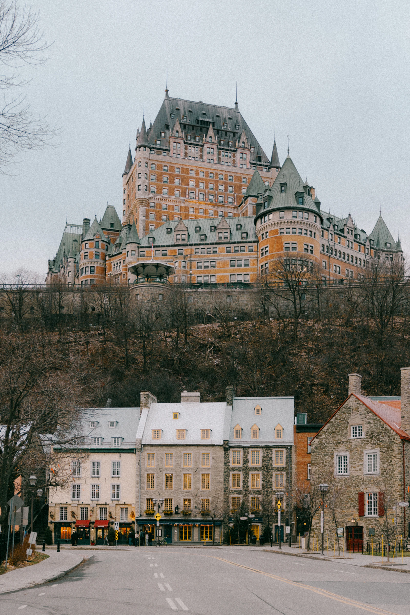 The Chateau Frontenac rising over the historic rooftops of Quebec City
