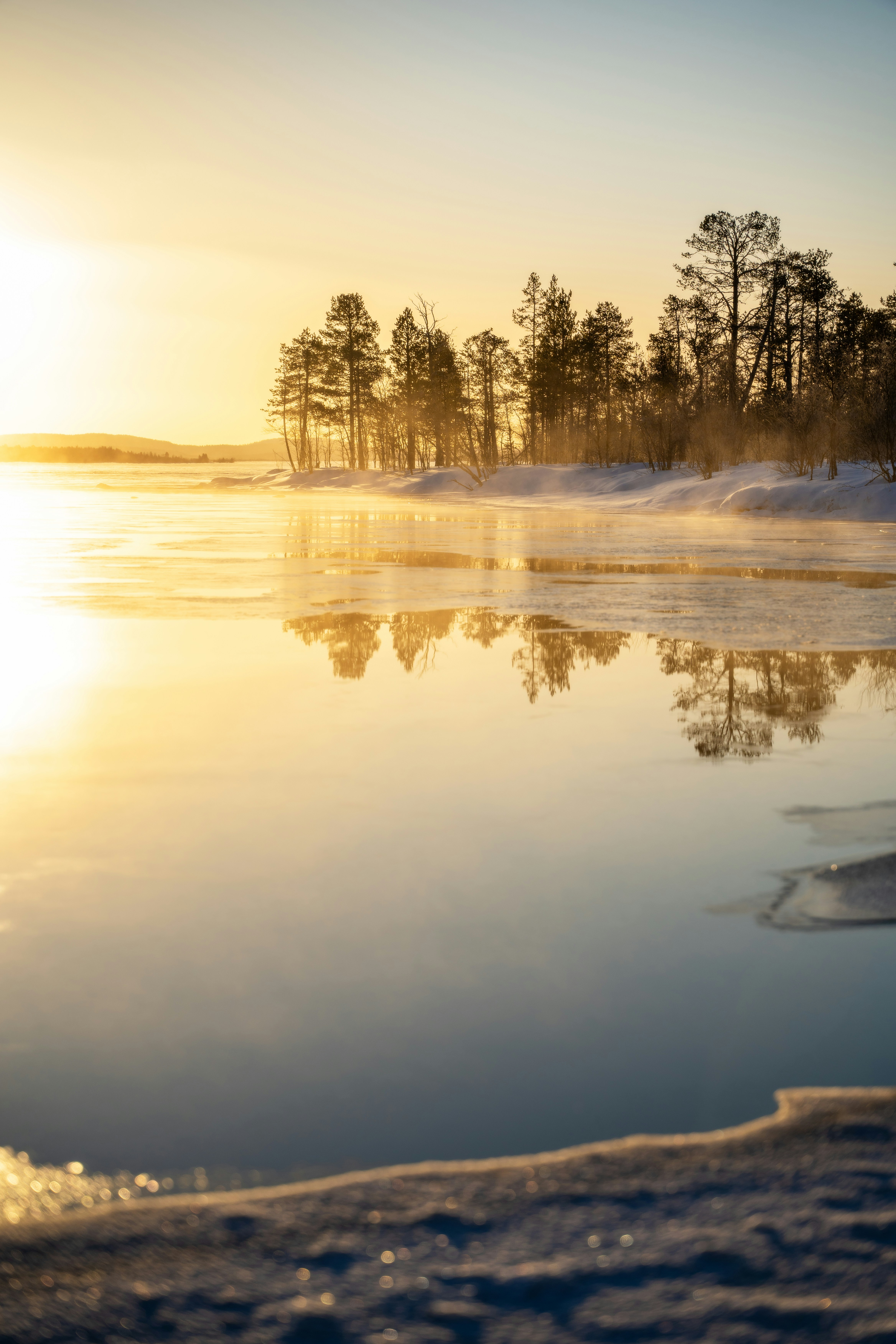 Golden sunrise over a frozen lake with misty trees.