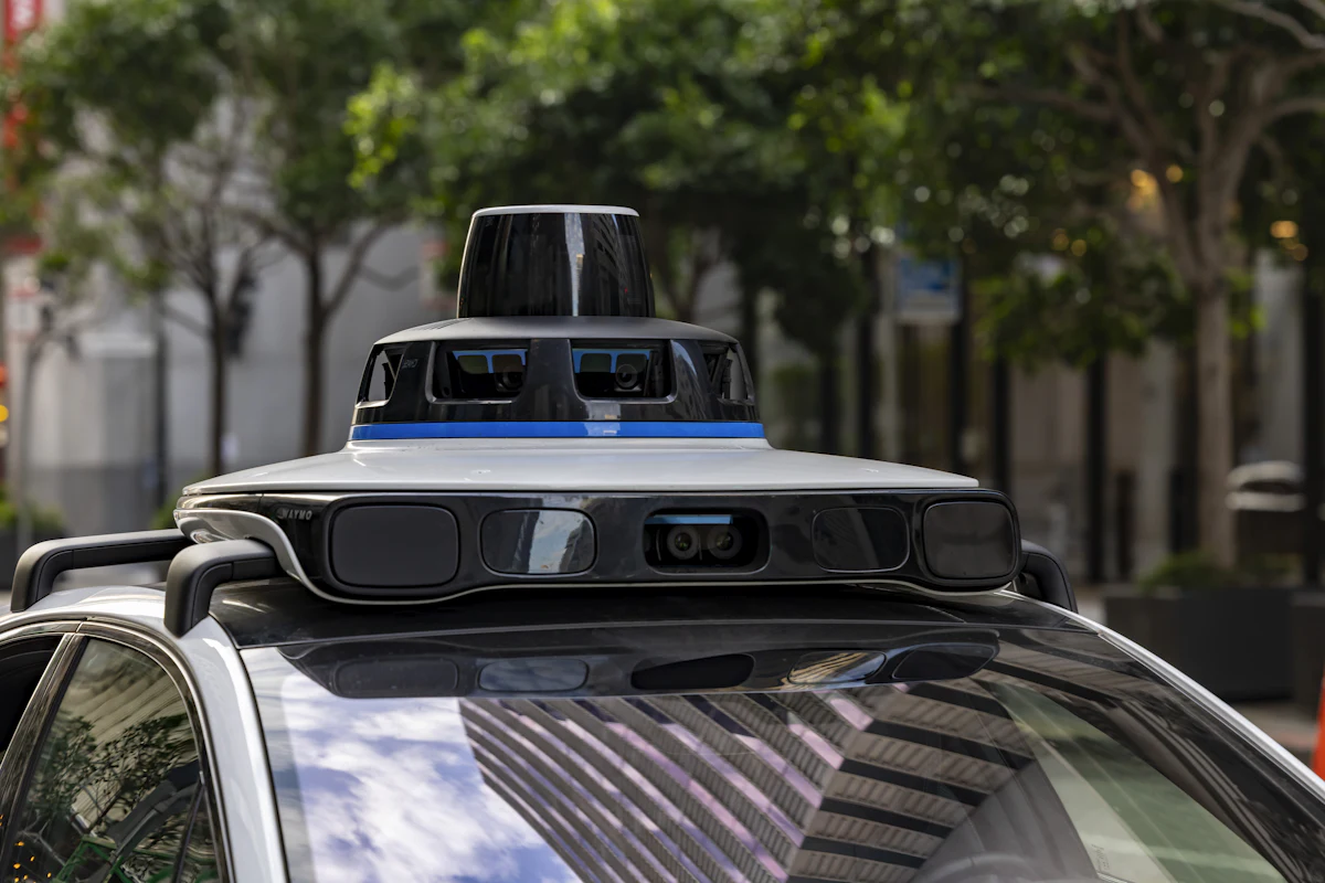 Roof-mounted sensor array on an autonomous vehicle, seen from close range