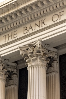 The bank of ornate classical columns and facade