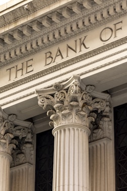 The bank of ornate classical columns and facade