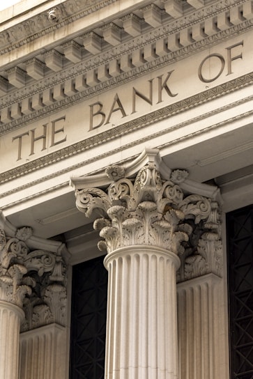 The bank of ornate classical columns and facade