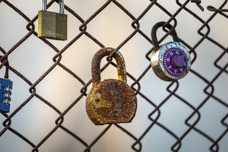 Multiple padlocks secured to a chain-link fence, representing the layered insurance protections needed for precious metals holdings