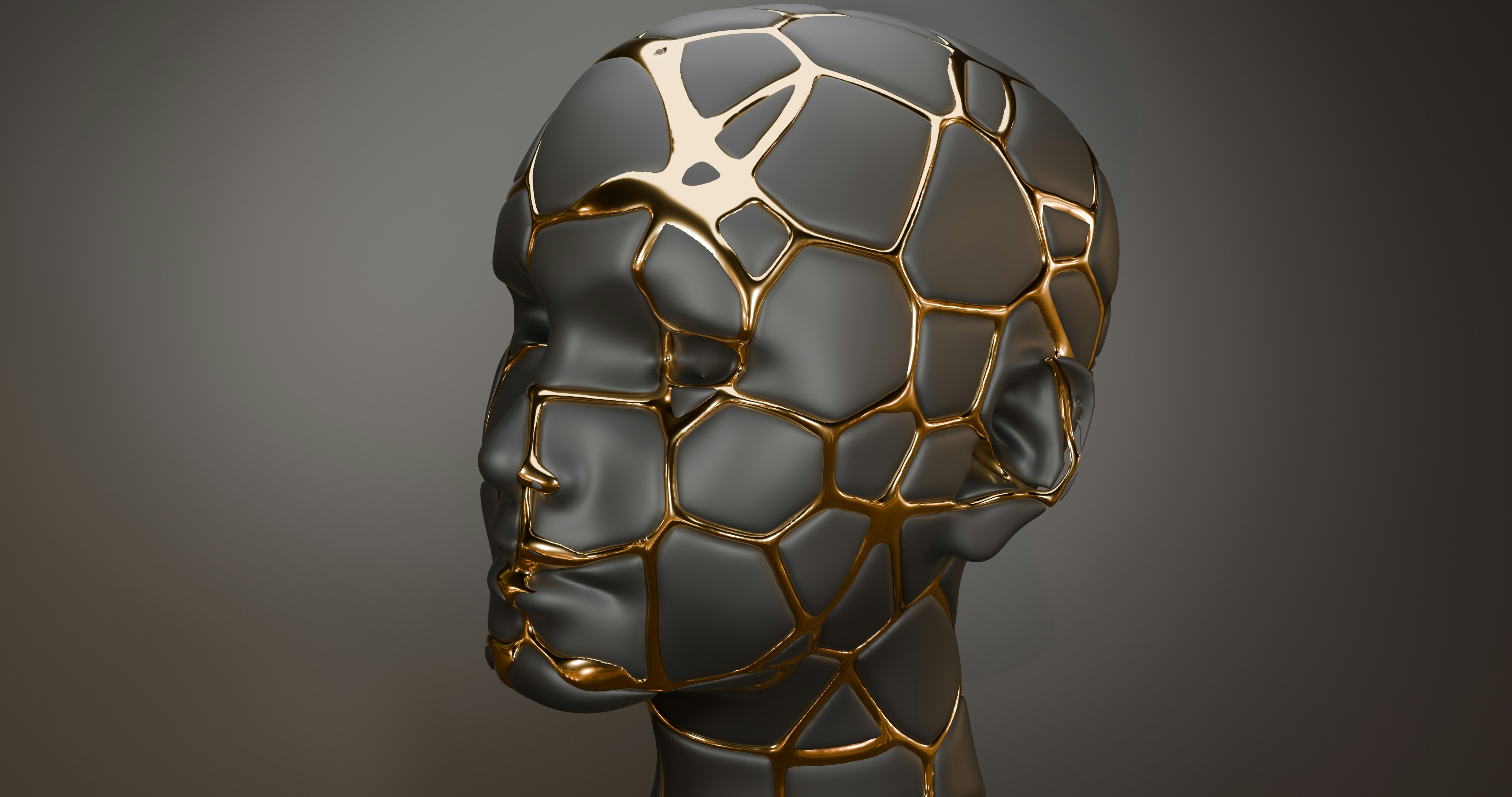 Head, sculpture, 3d, render 3d, black, gold, golden