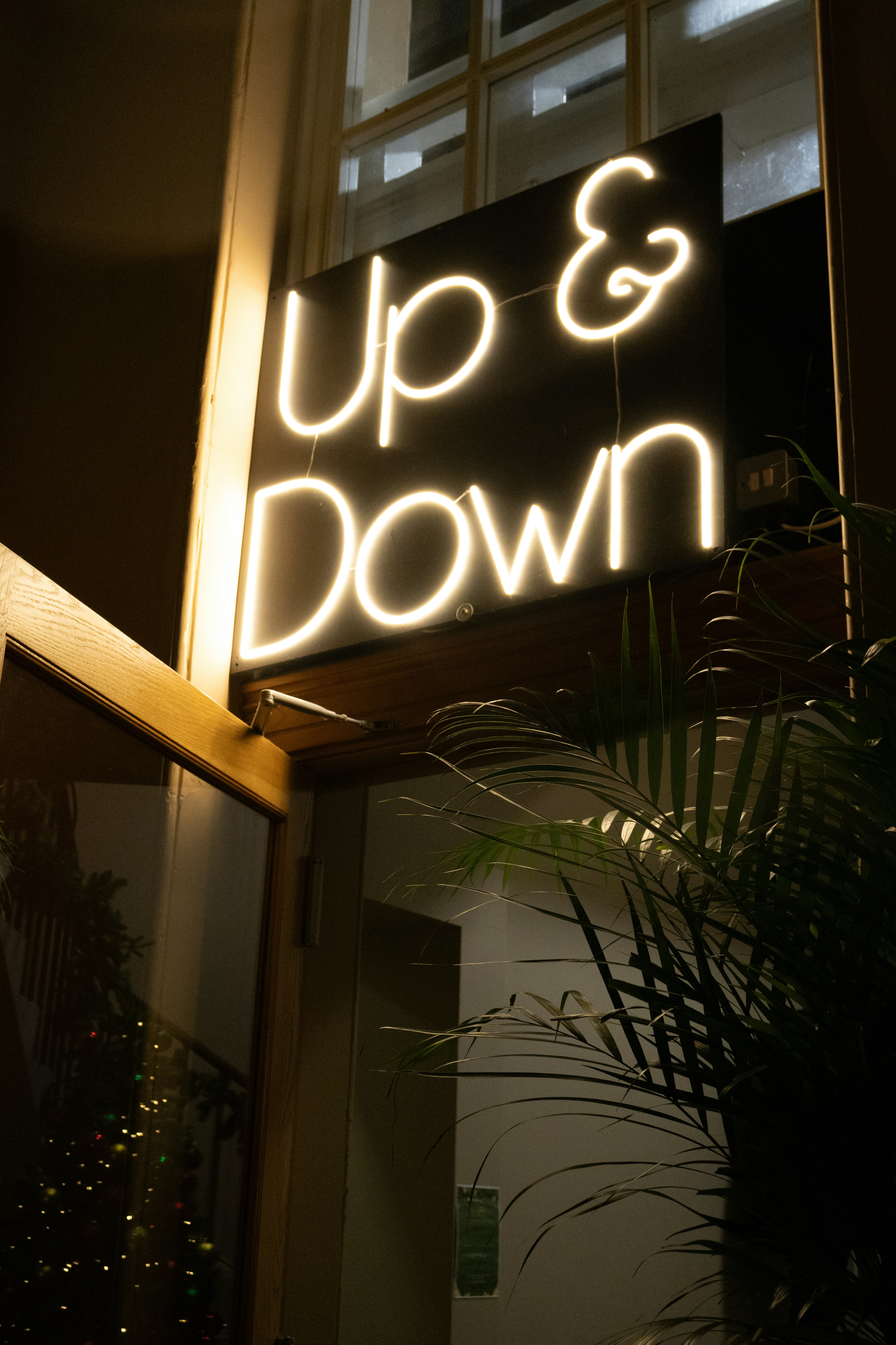 Neon sign reads "up & down" at night"
