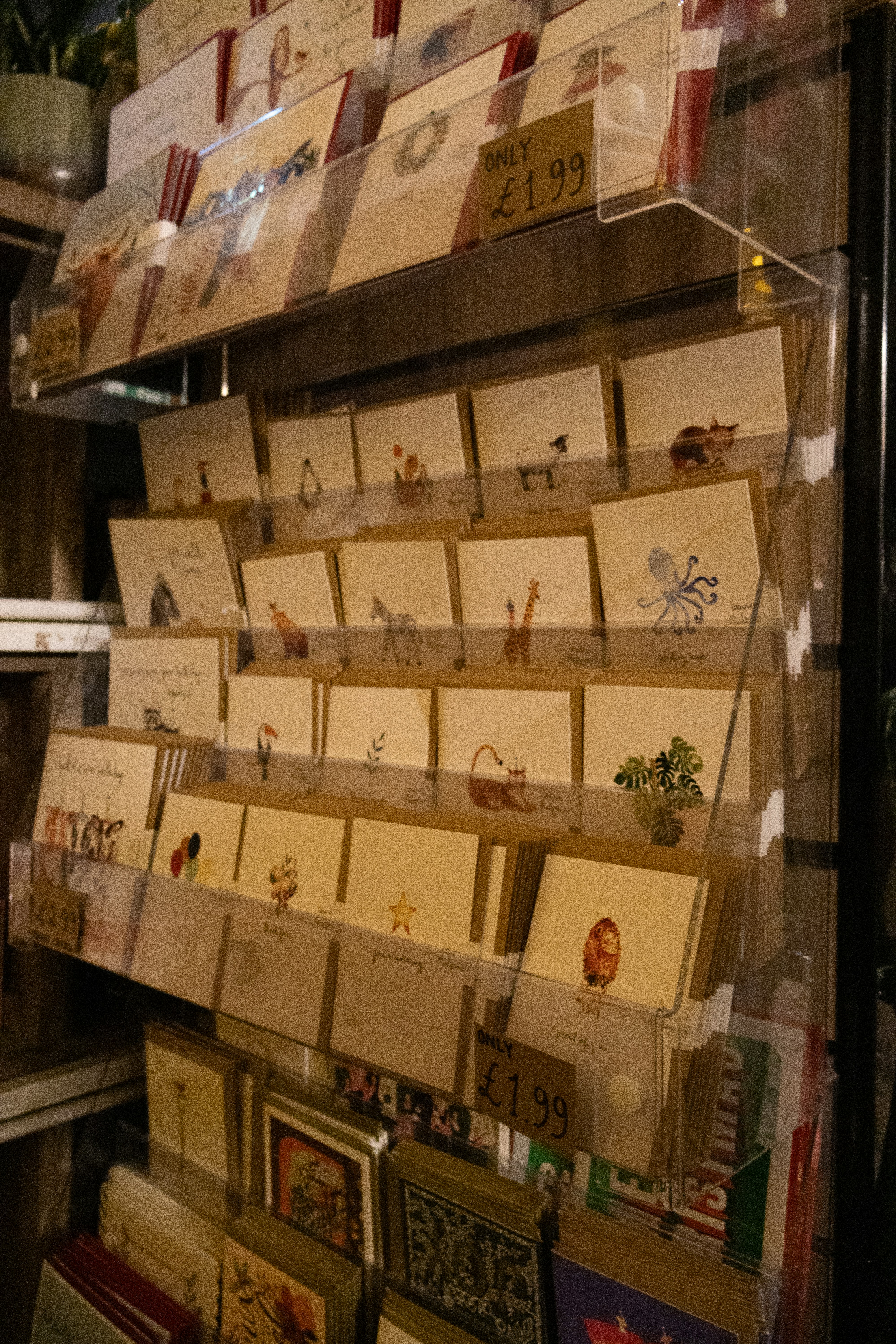 Display rack filled with assorted greeting cards