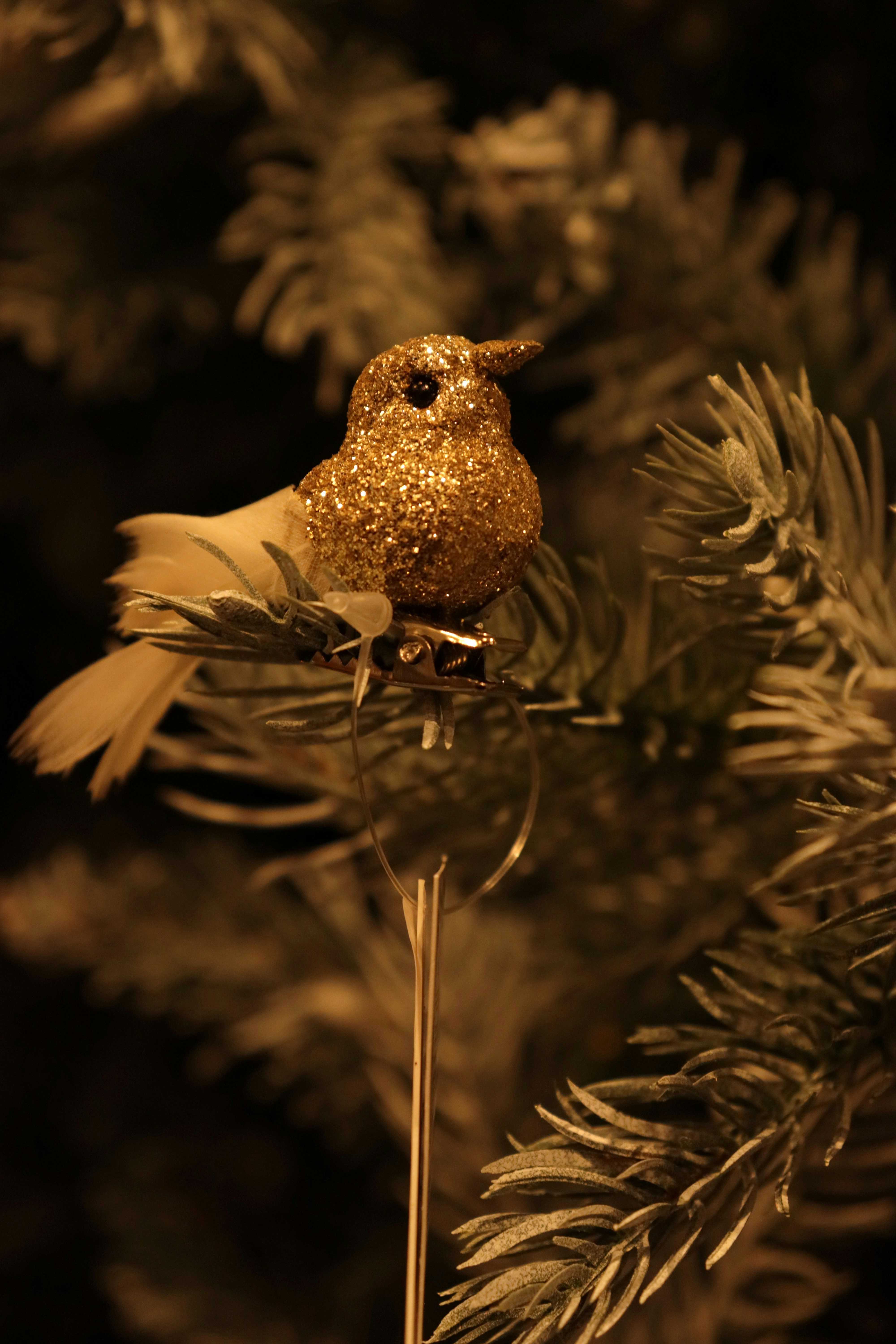 A golden glitter bird ornament on a pine branch.