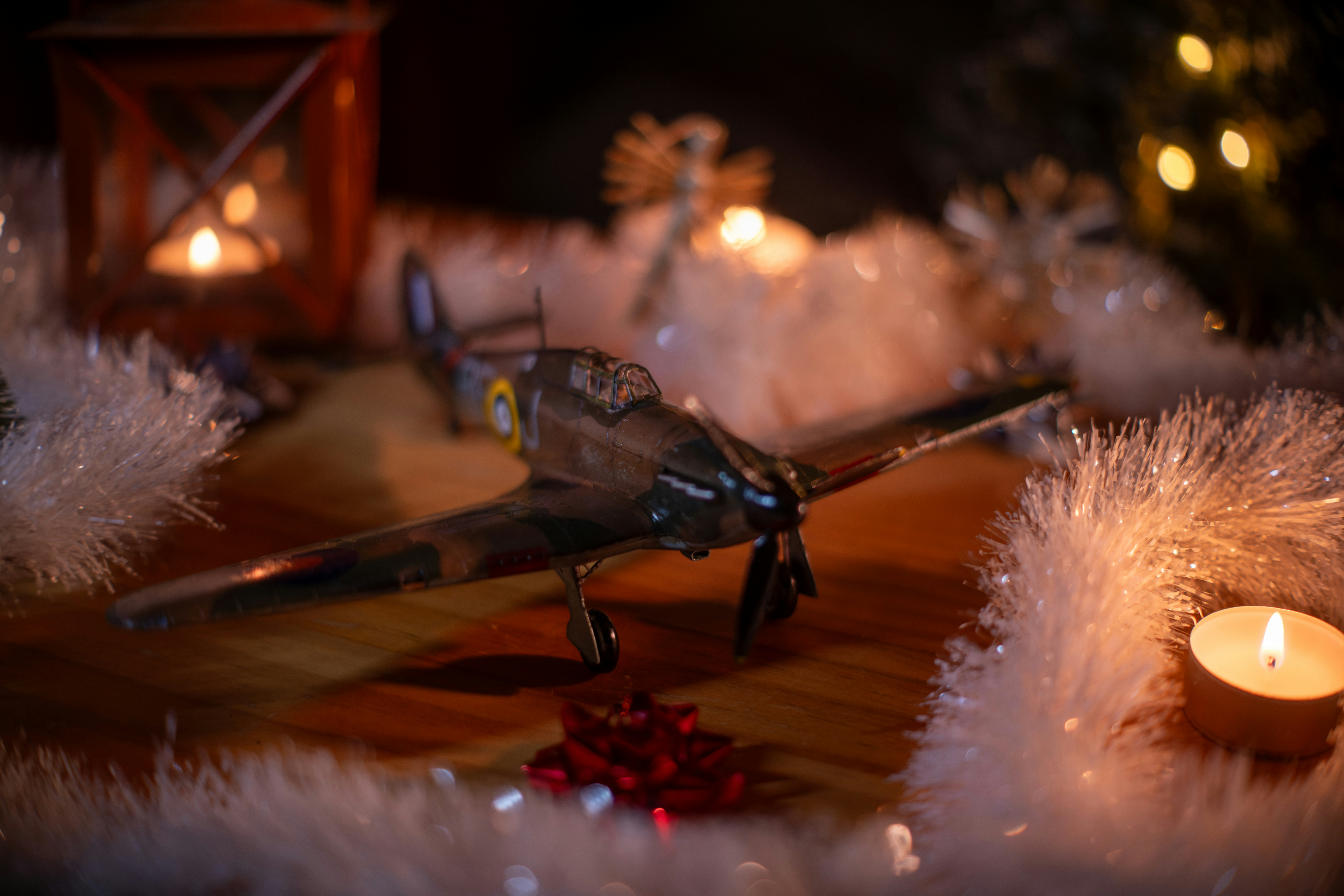 Model airplane with christmas decorations