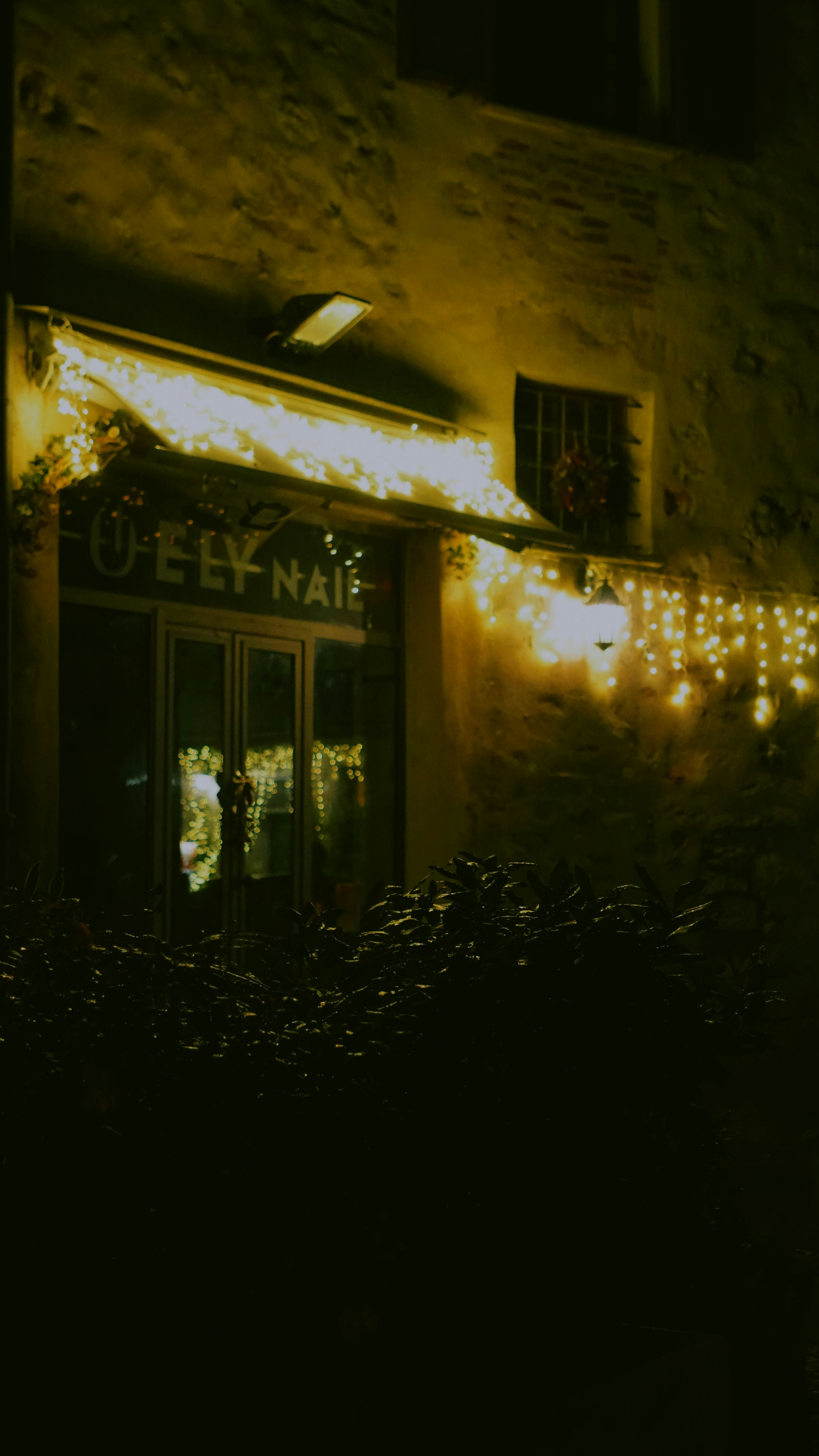 Building entrance decorated with fairy lights at night.