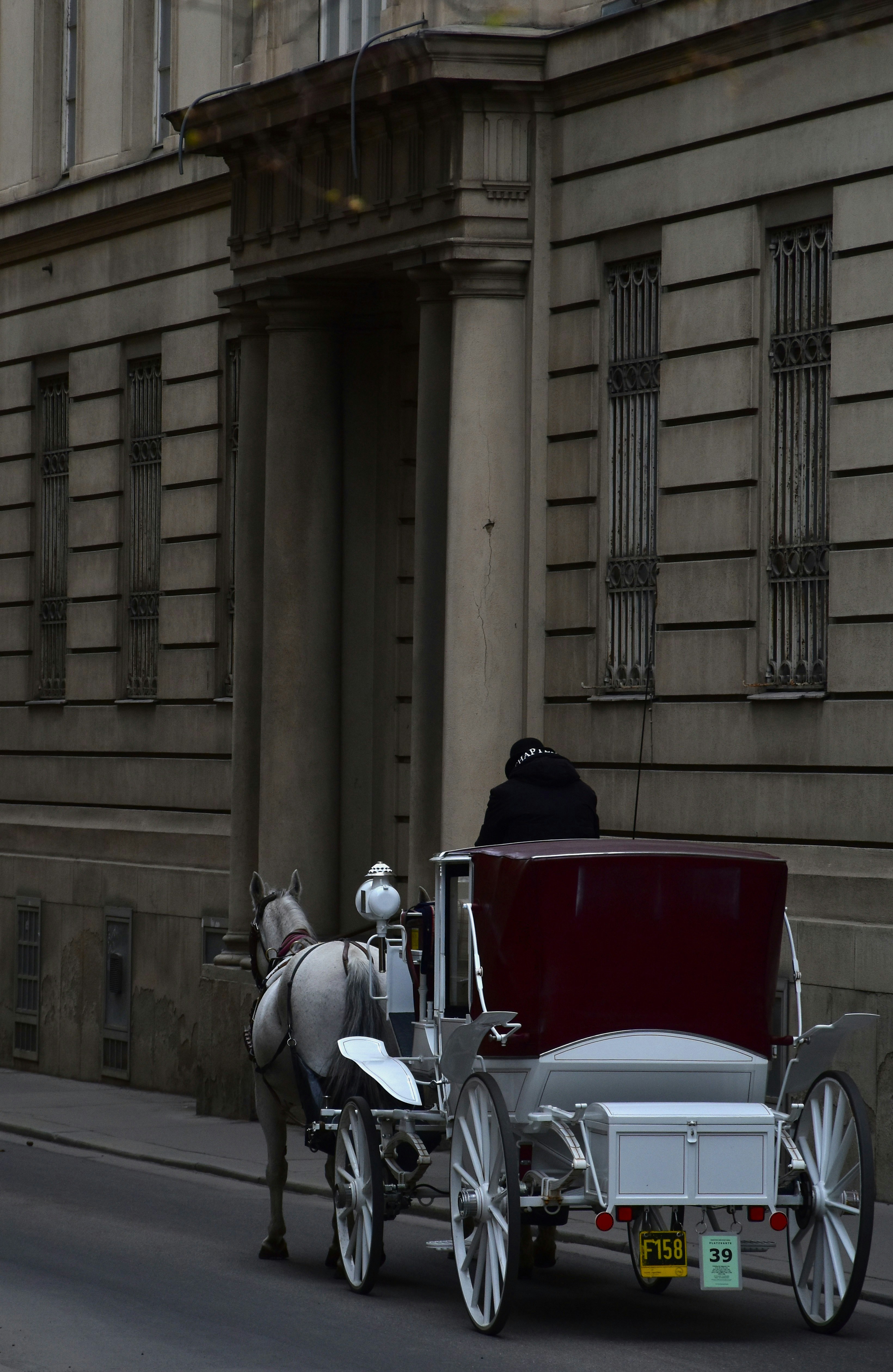 Carruaje tirado por caballos espera junto a un edificio ornamentado