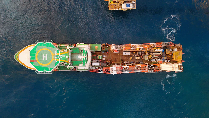 Aerial view of an offshore construction vessel with helipad at sea