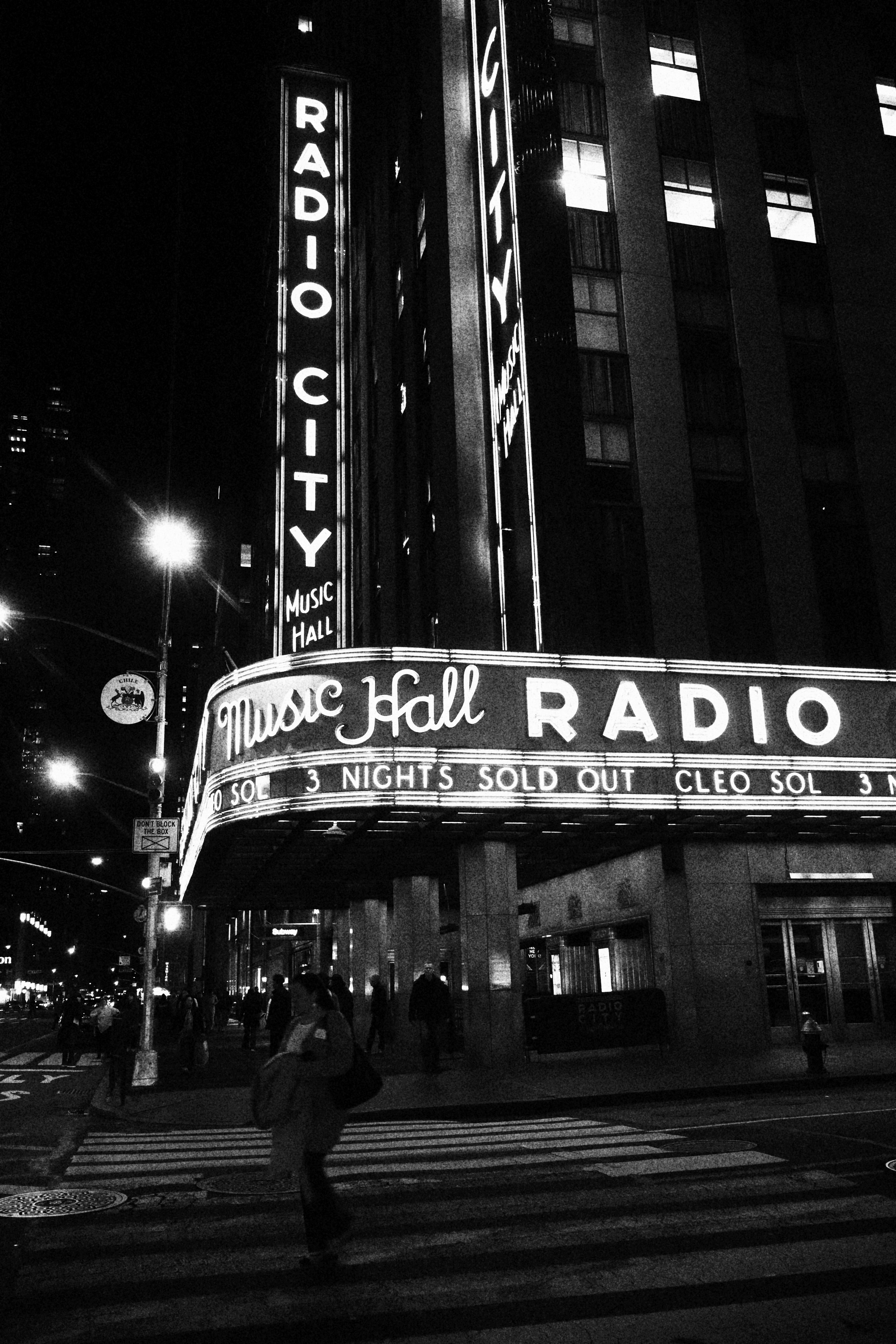 Radio city music hall at night with neon lights