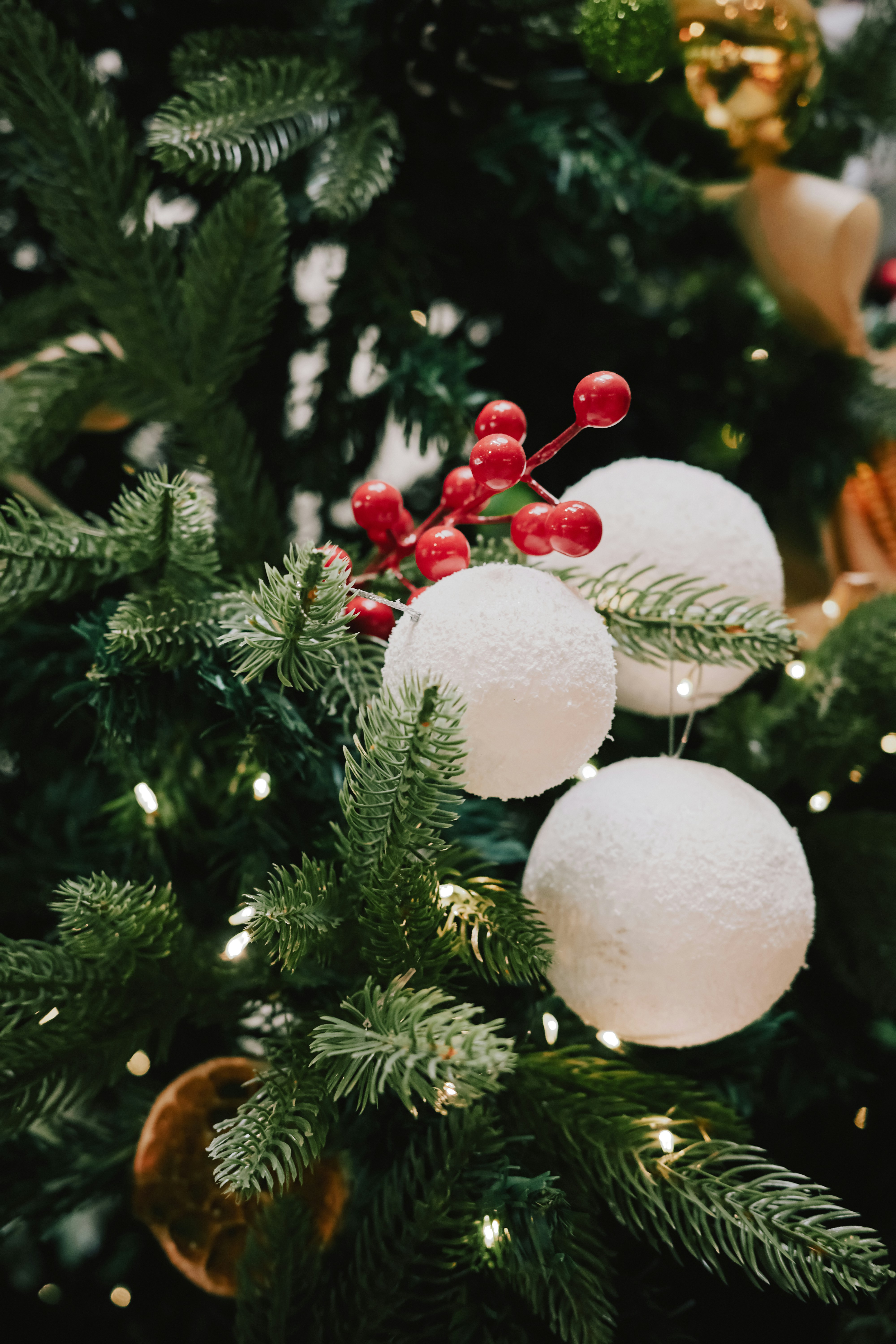 Close-up of a decorated christmas tree with ornaments.