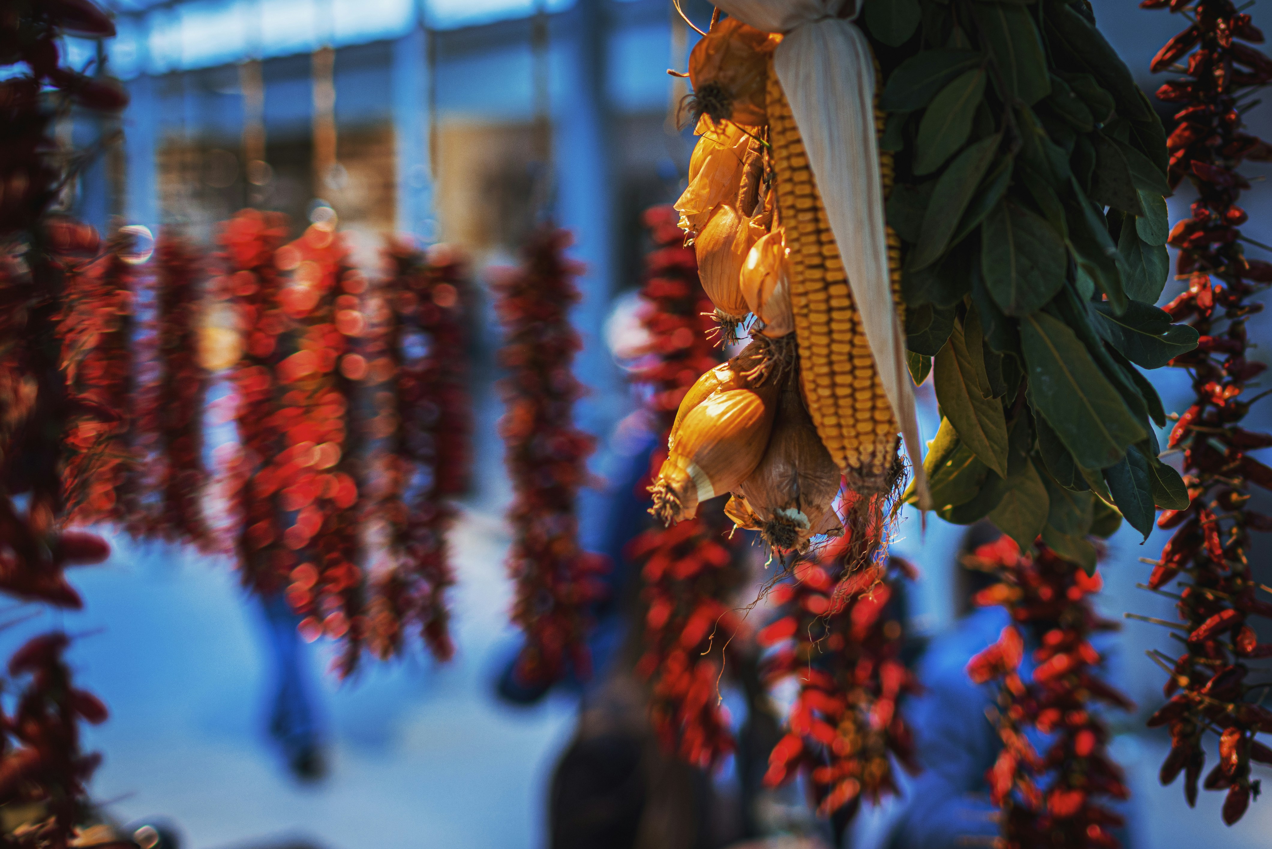 Getrocknete Chilischoten und Mais hängen draußen.