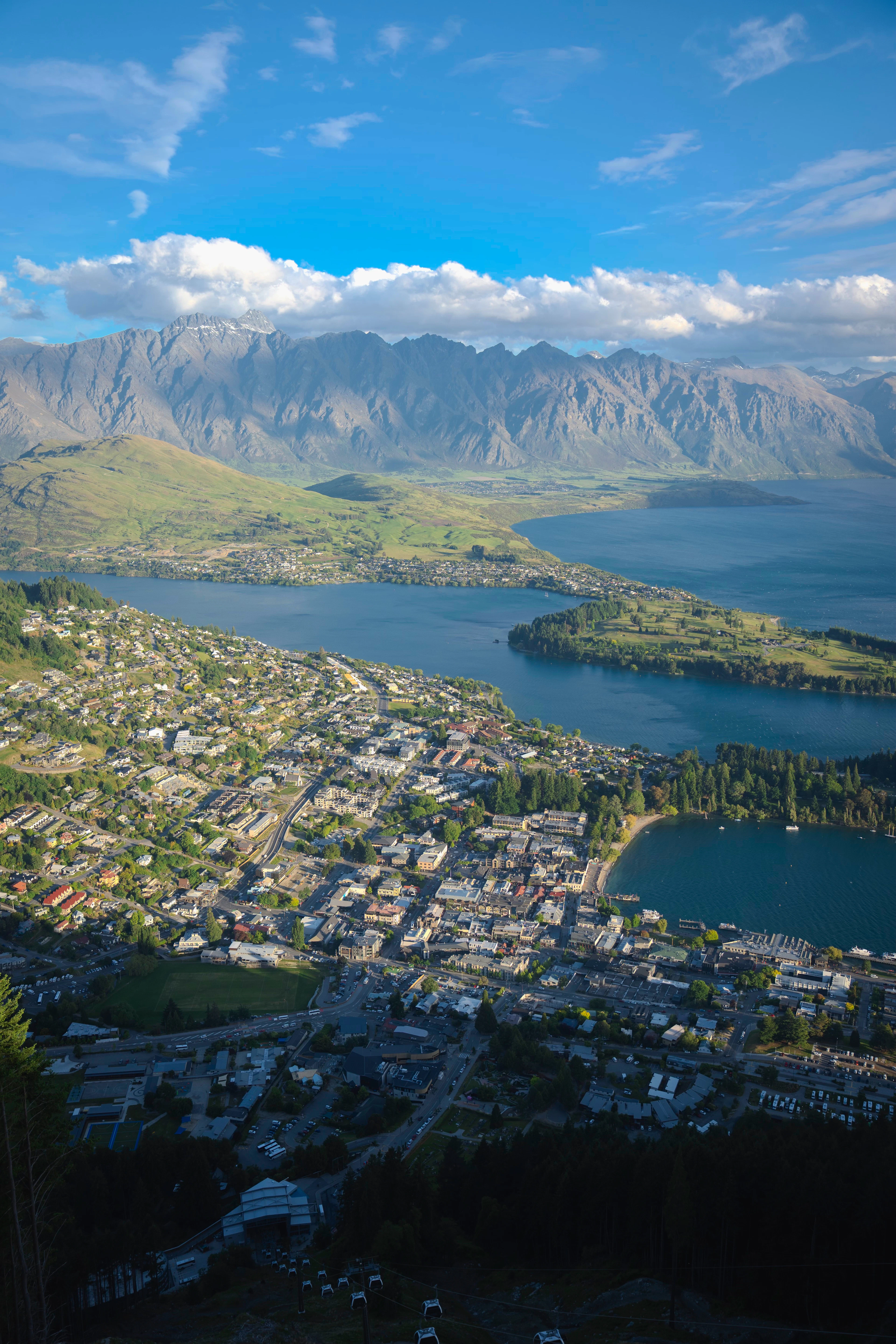 Aerial view of Queenstown and Lake Wakatipu backed by the Remarkables range, New Zealand