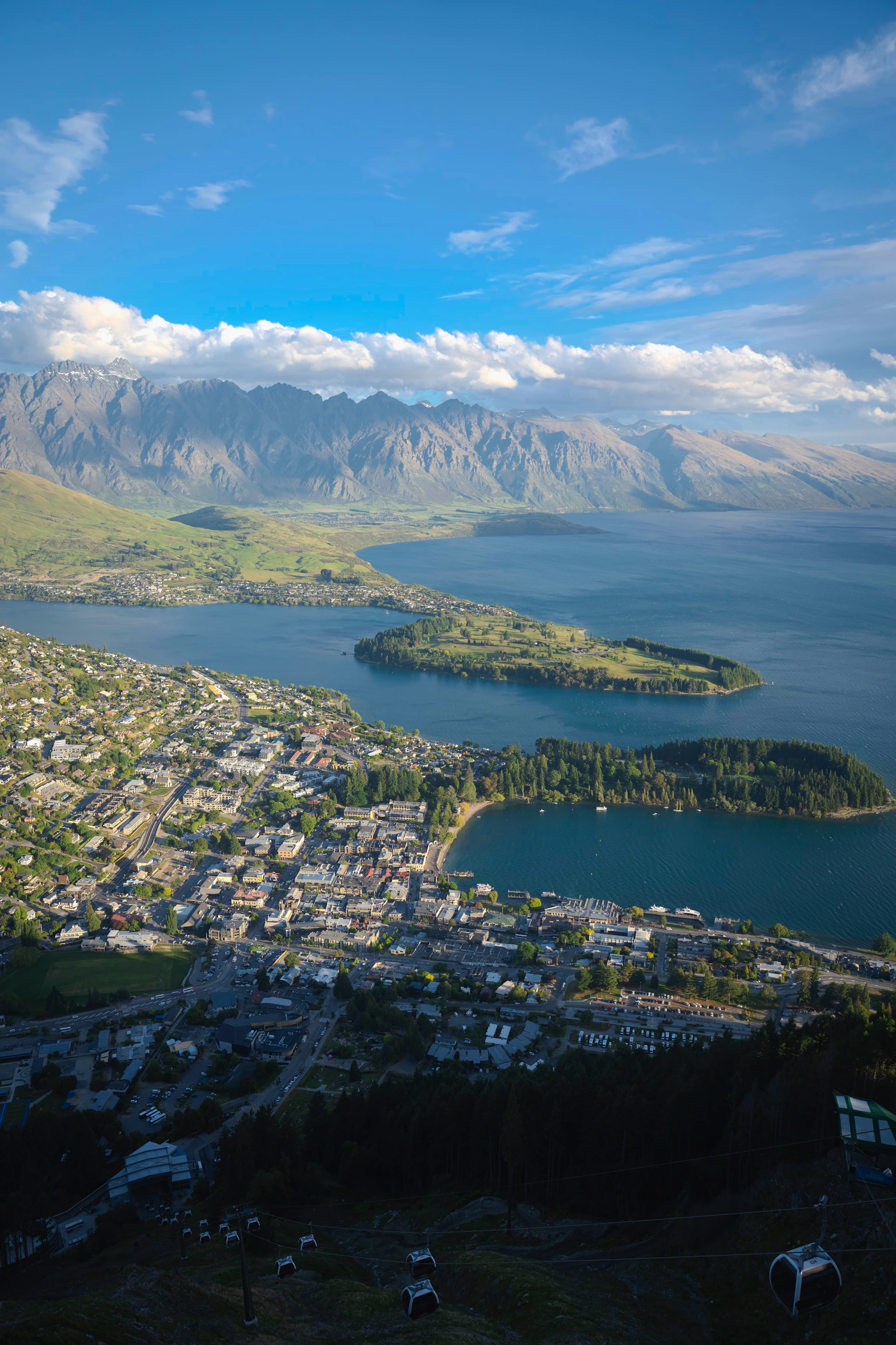 Aerial view of queenstown and lake wakatipu, new zealand.