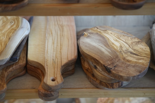 Wooden cutting boards with natural grain patterns.
