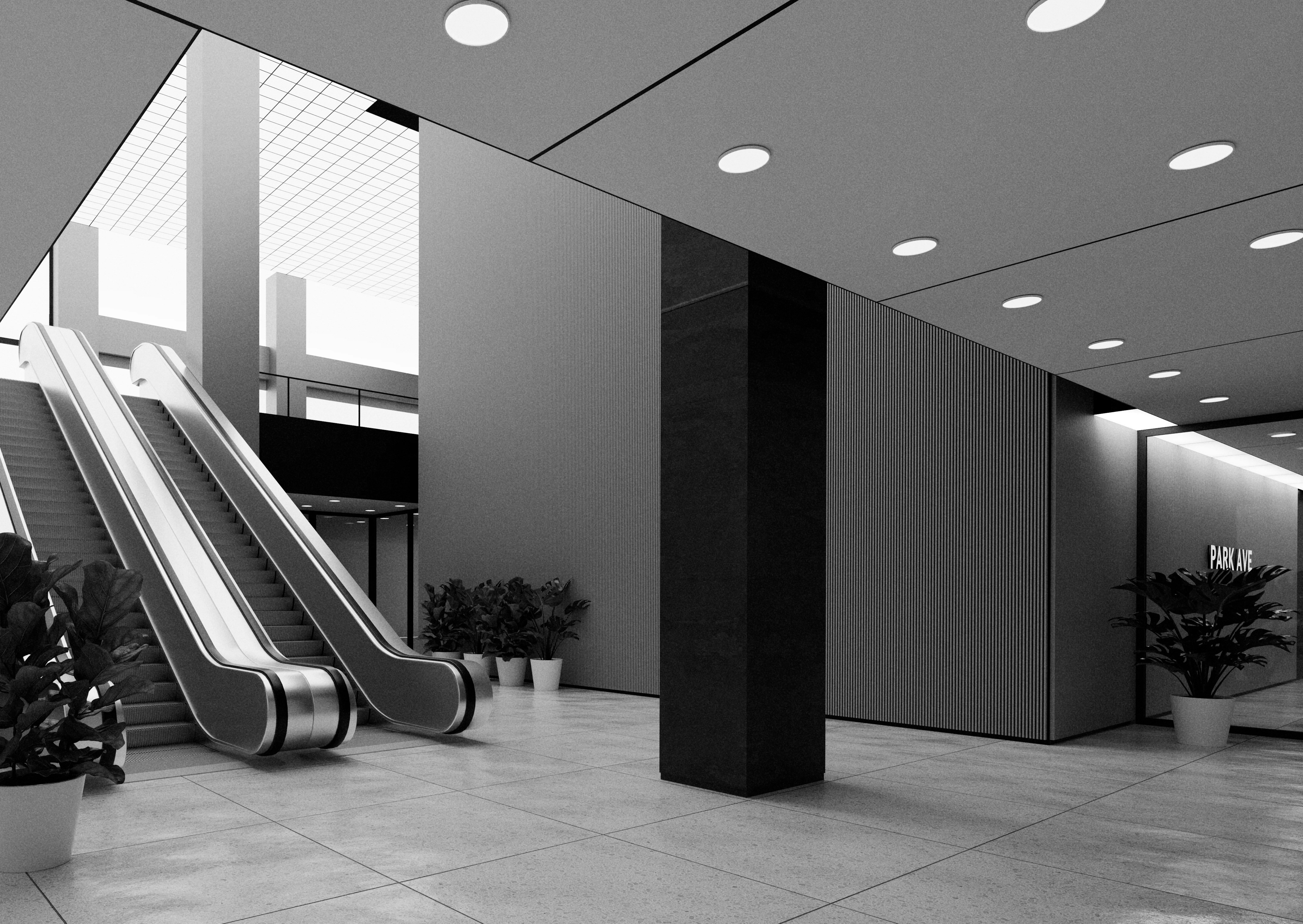 Modern escalator in a clean, minimalist lobby
