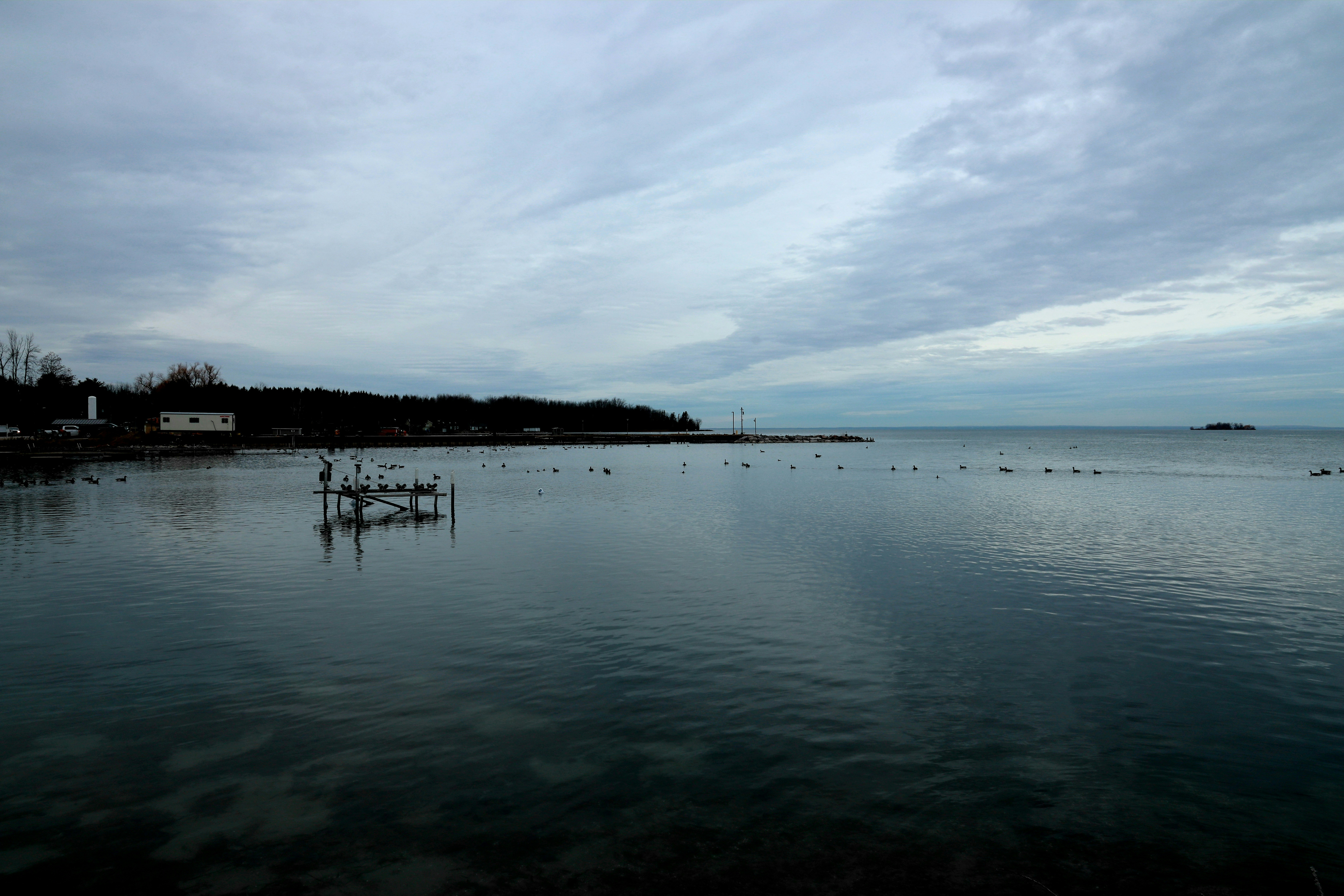 Calm ocean under a cloudy sky with distant shore.