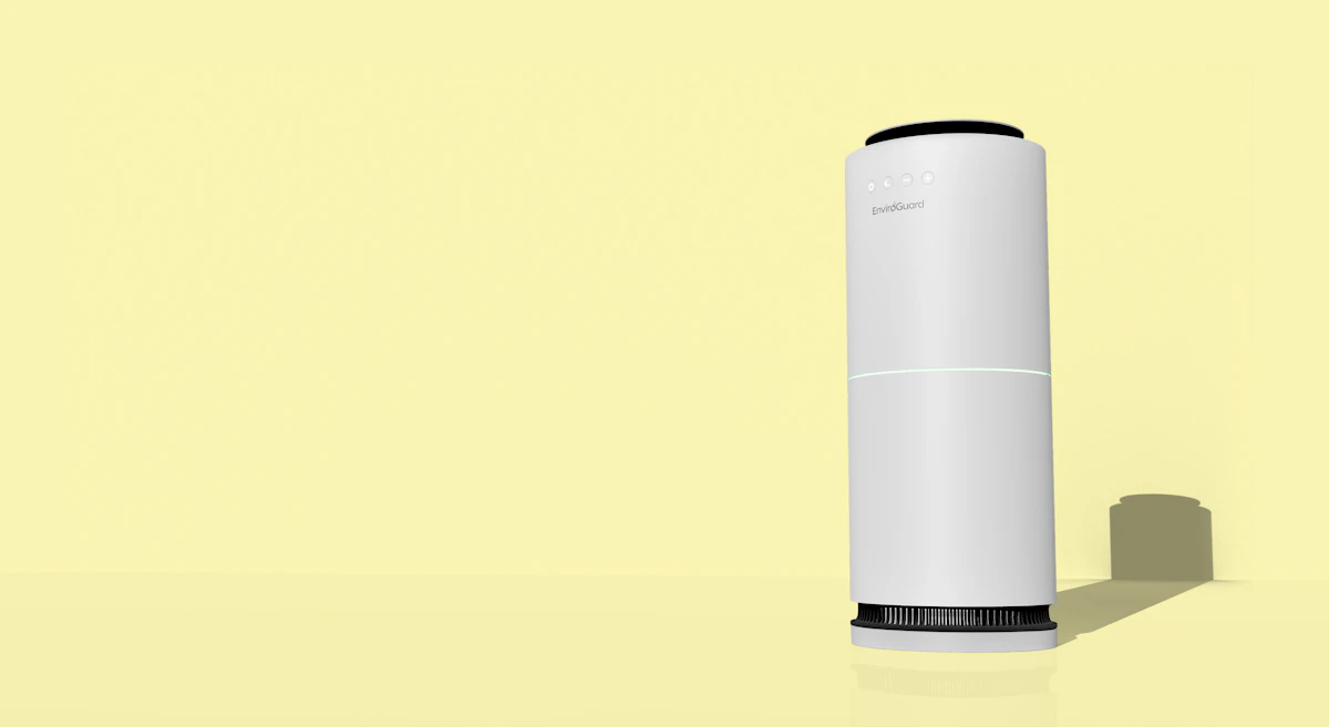 Air purifier in a clean home interior representing indoor air quality.