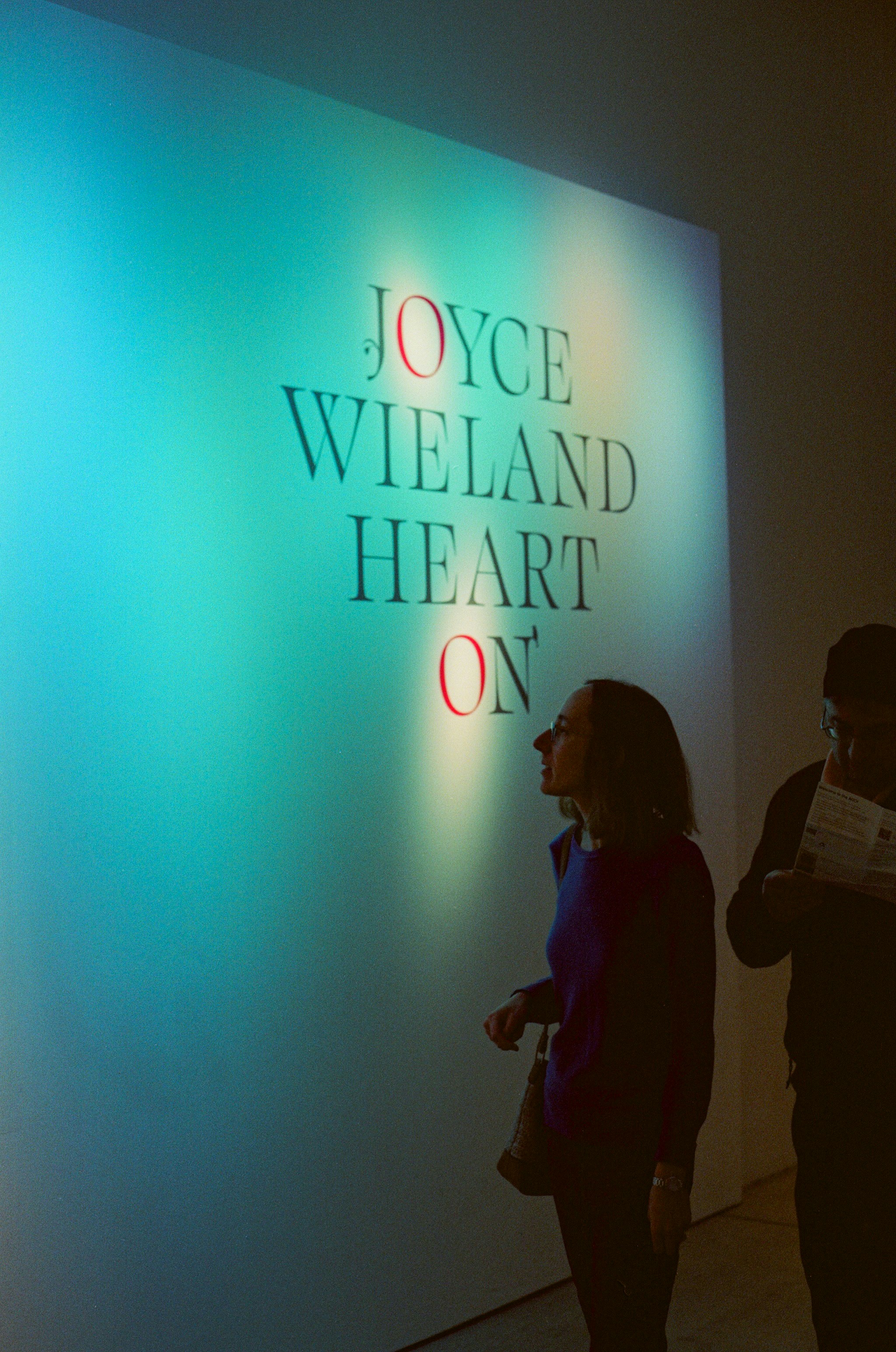People viewing art exhibition with "joyce wieland heart on" text.
