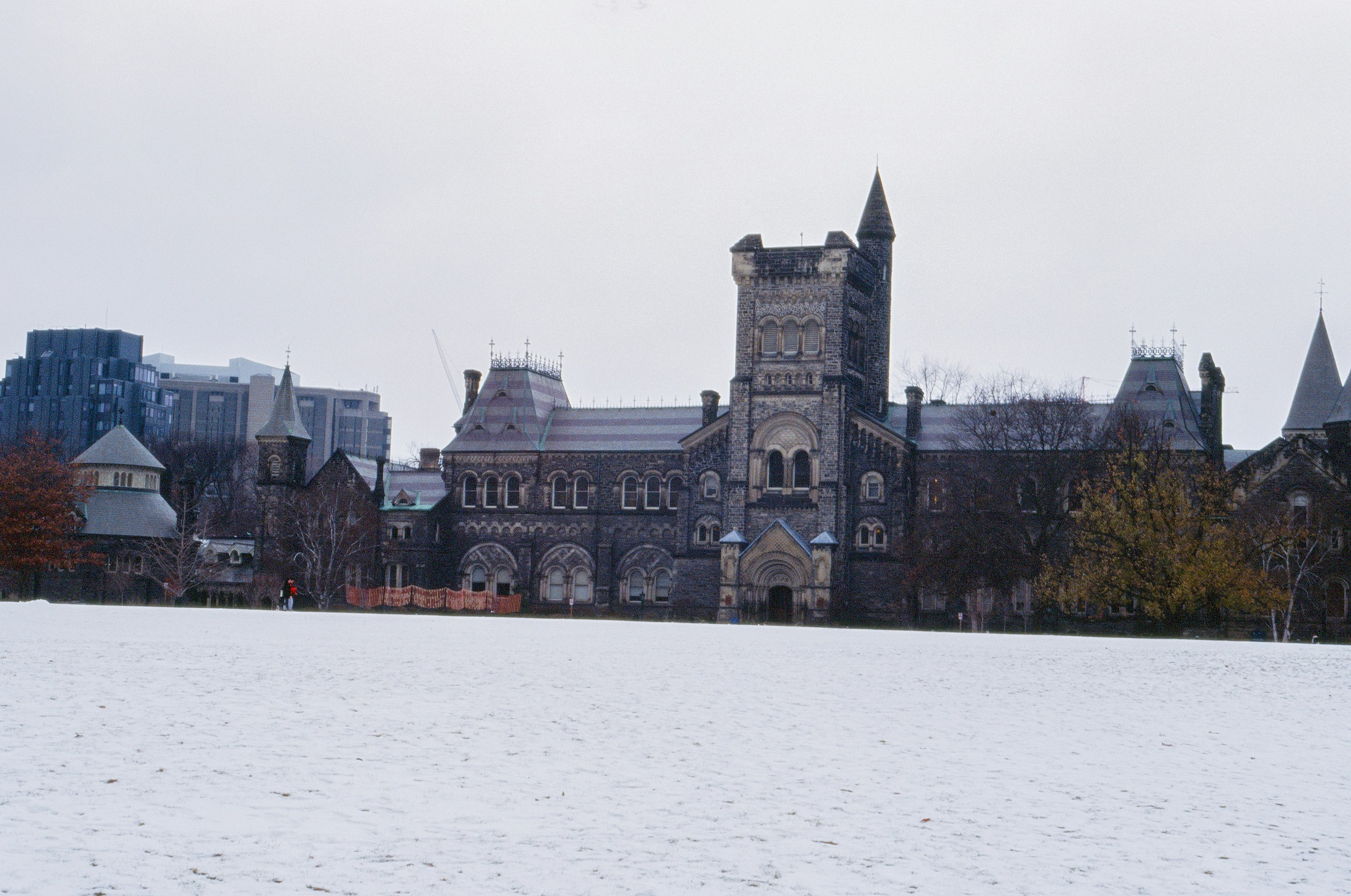 Historic building with towers on a snowy day