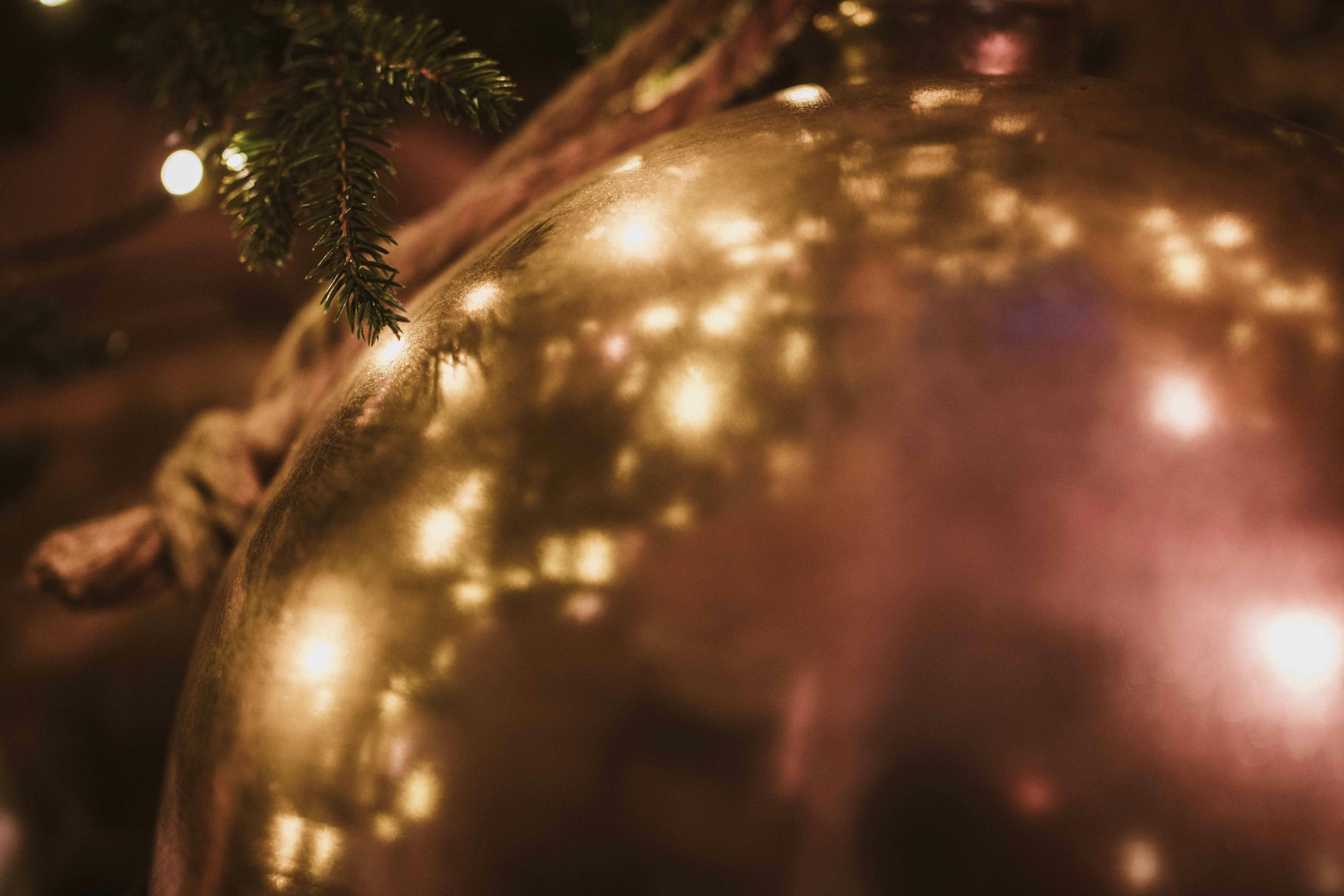 Close-up of a large, shiny christmas ornament.