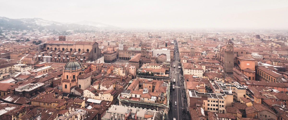 Terracotta rooftops of Bologna seen from above