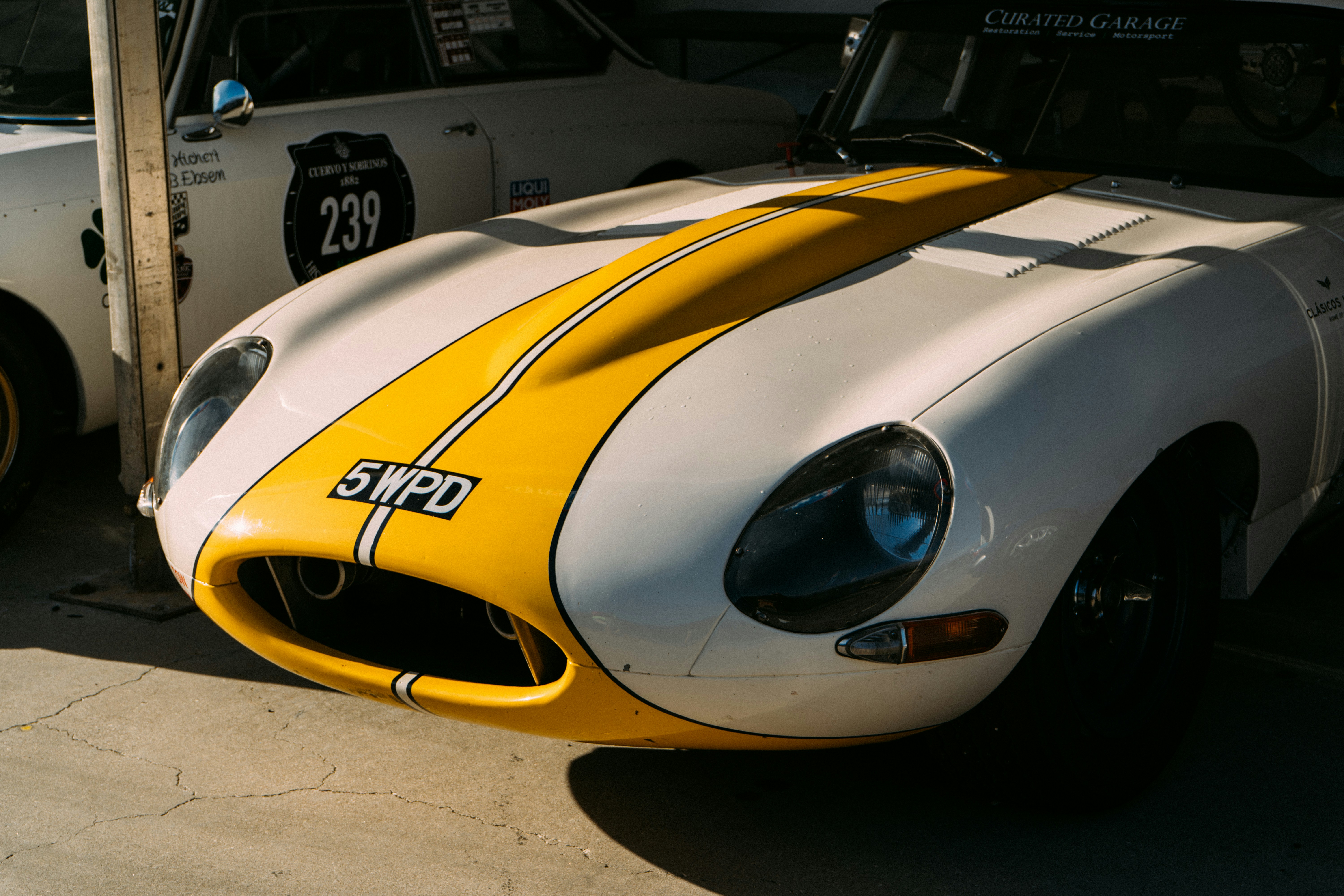 White and yellow vintage race car