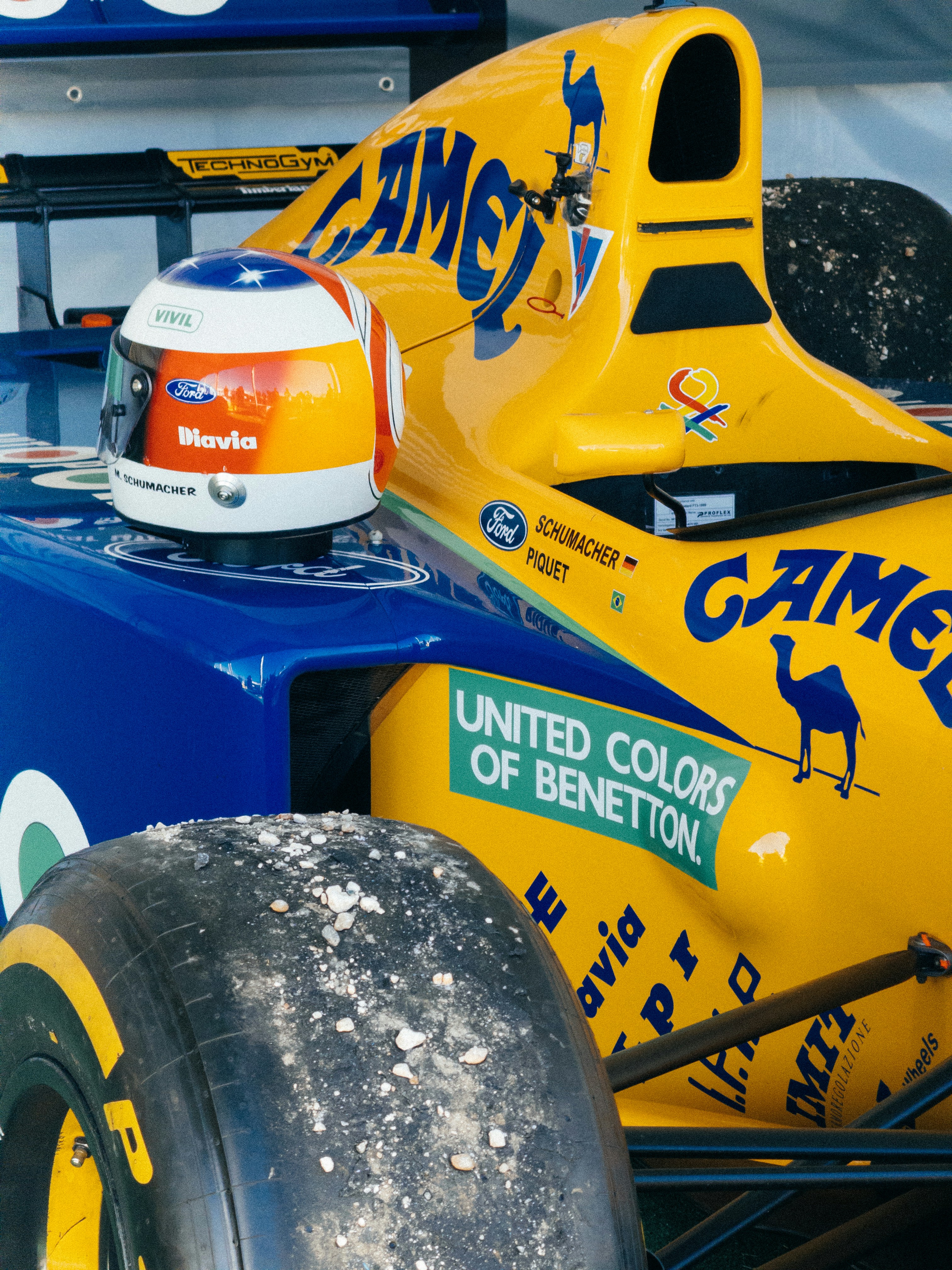 Formula 1 race car and helmet with camel sponsorship