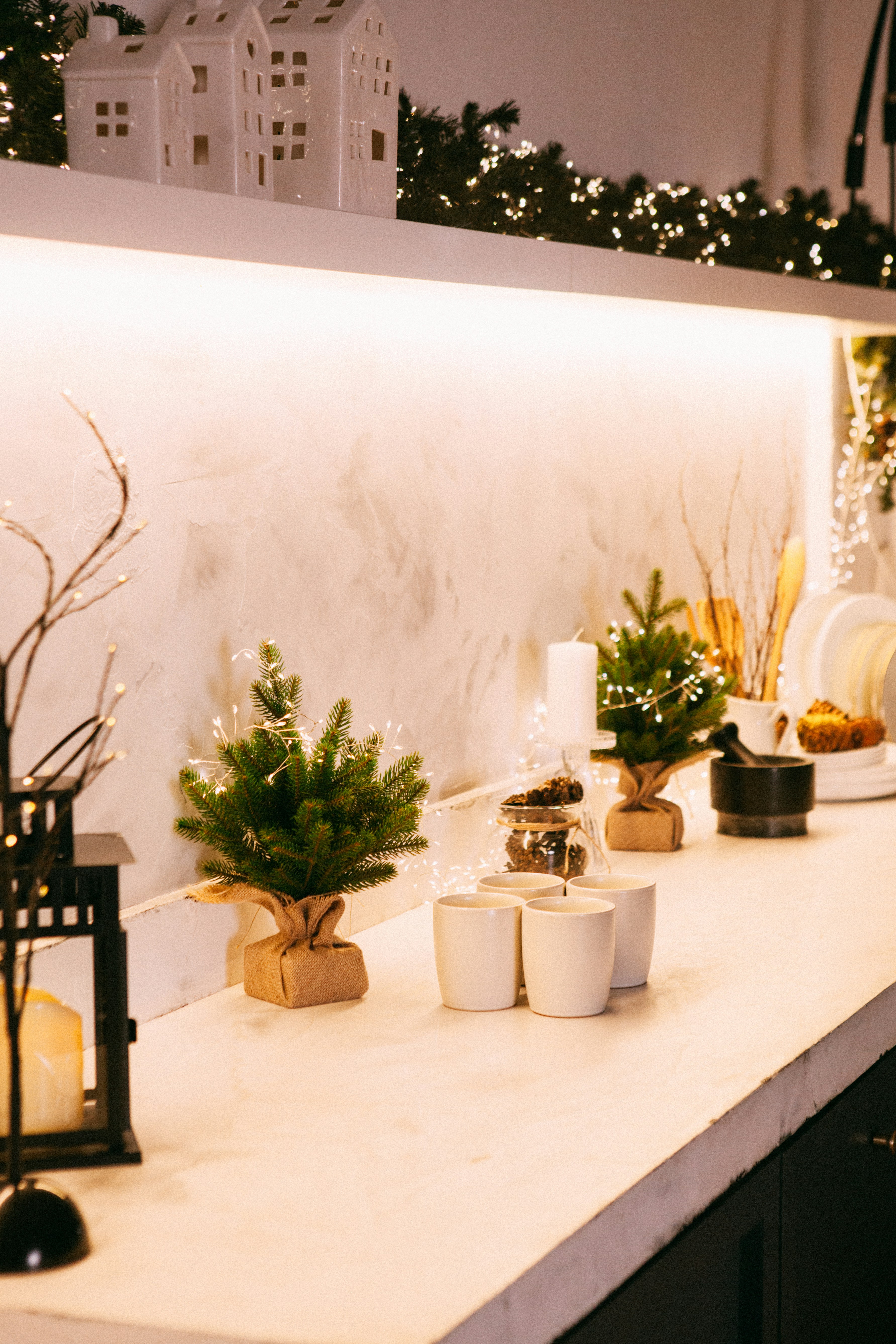 Kitchen counter decorated for christmas with mini trees.