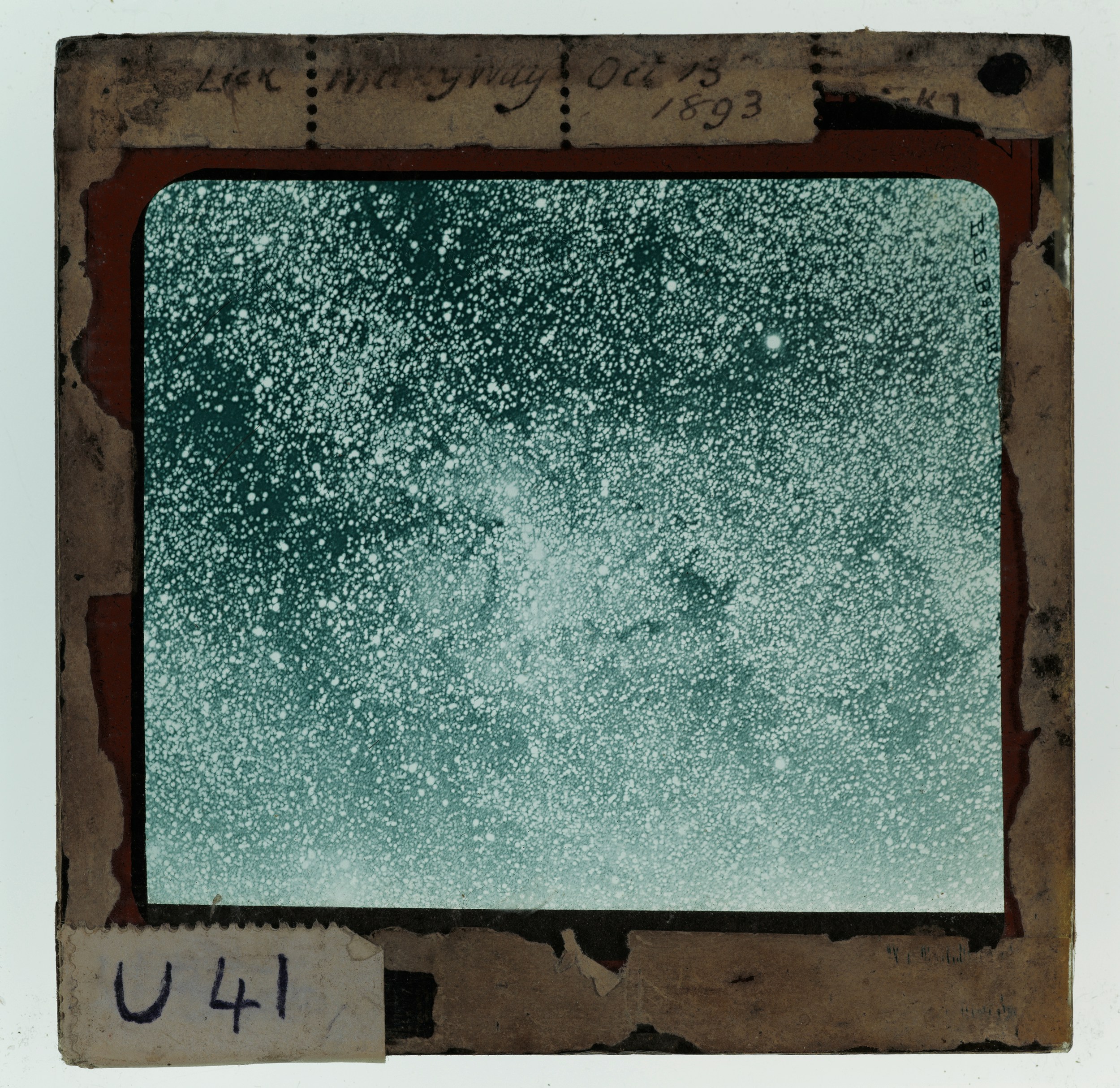 A lantern slide produced by Clement Lindley Wragge (b.1852, d.1922), dated 13 Oct 1893. The slide shows image of starry sky of varying density. Shared by Auckland War Memorial Museum, Tāmaki Paenga Hira, as part of the Clement Lindley Wragge collection. 236011|PH-1984-1-LS78-4-4|41. No known copyright restrictions. https://www.aucklandmuseum.com/discover/collections/record/1033205