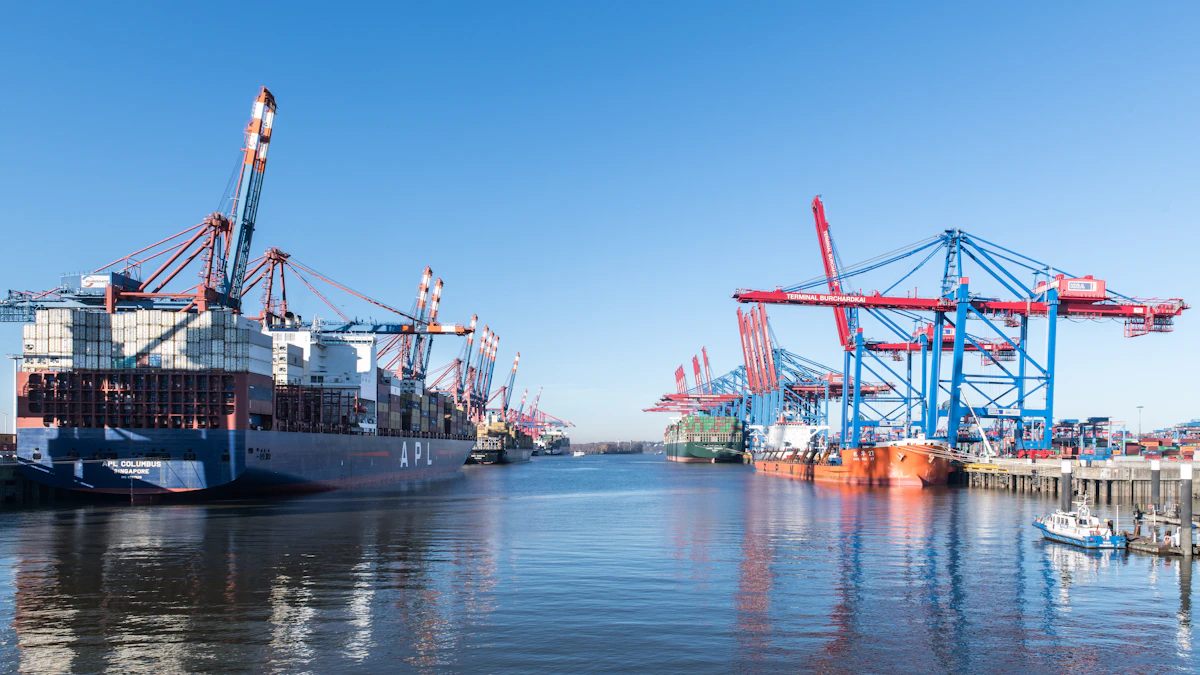 Cargo ship and cranes at a working seaport