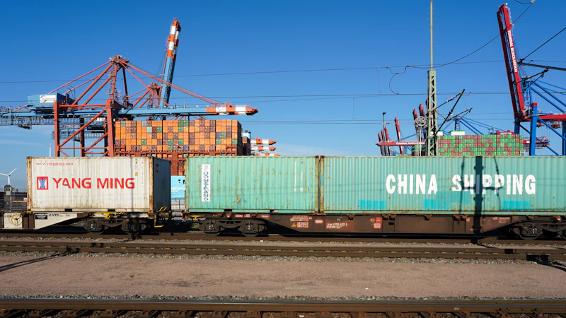 Shipping containers on a freight train at a European port