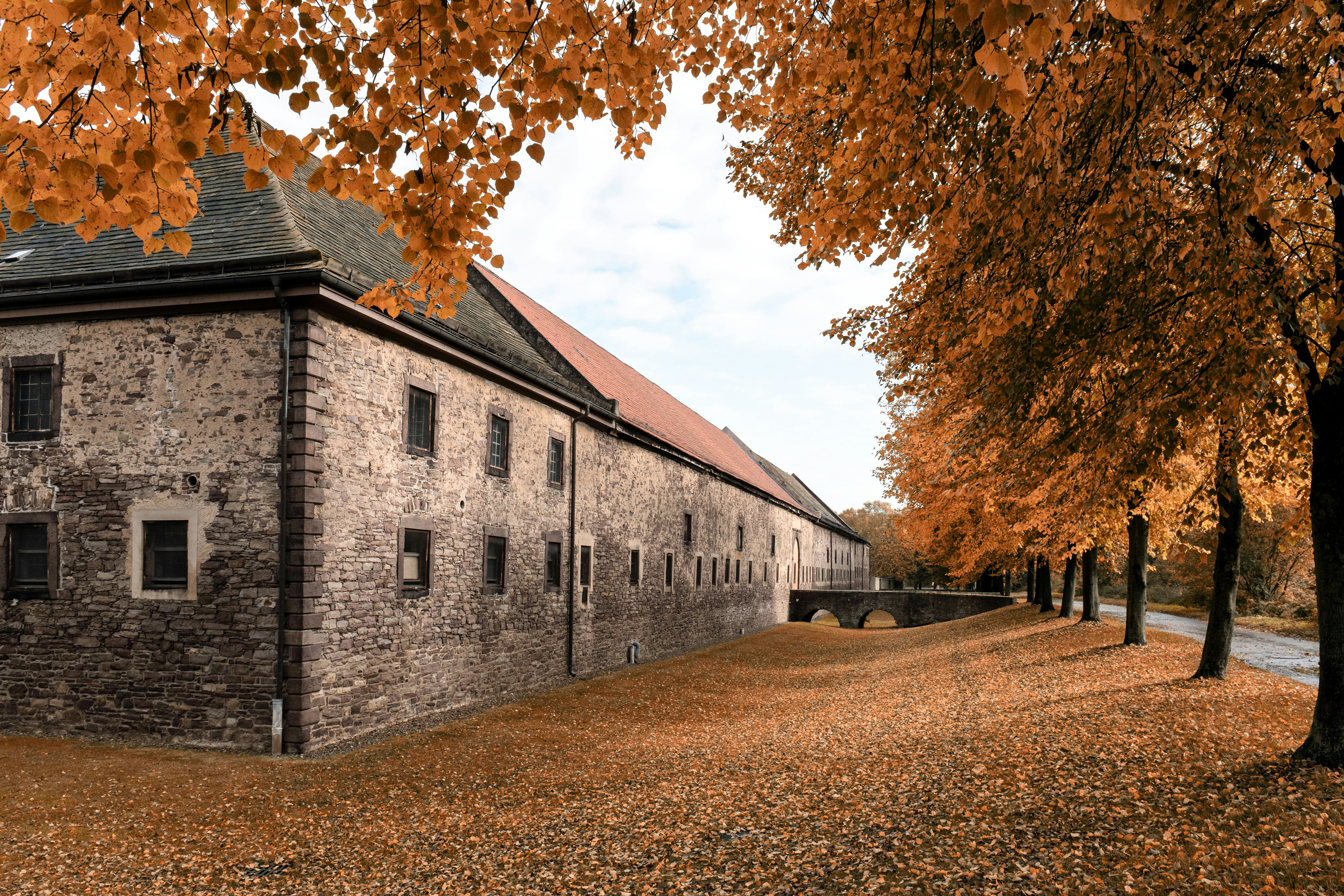 Stone building with autumn trees and fallen leaves