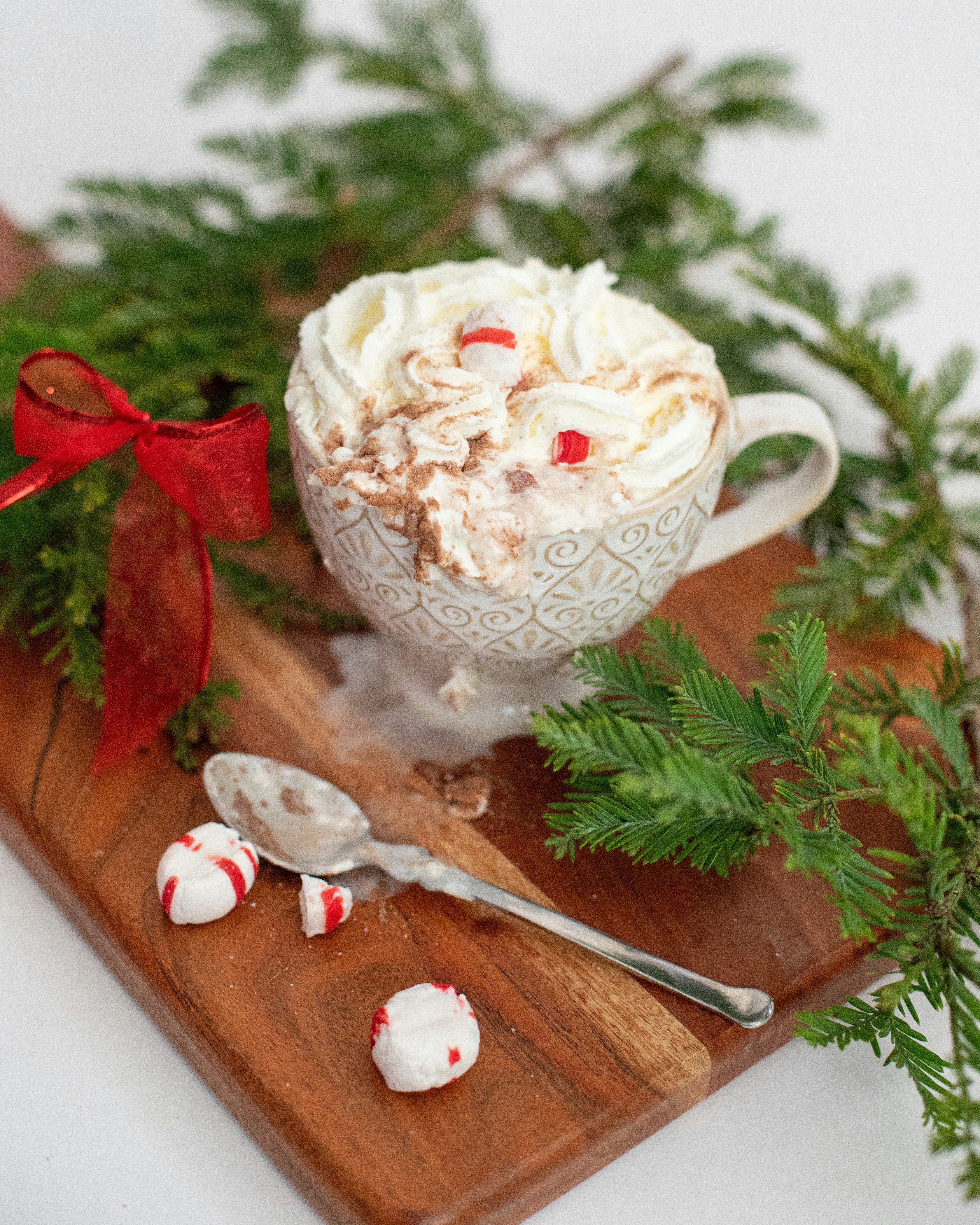 Hot chocolate with whipped cream and peppermint candies