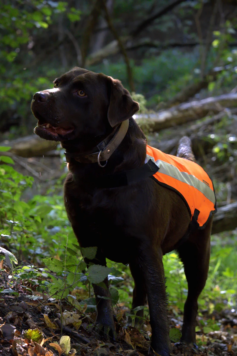 Cocoa, a chocolate Ridgeline female from the 2023 litter, in an orange safety vest in the woods